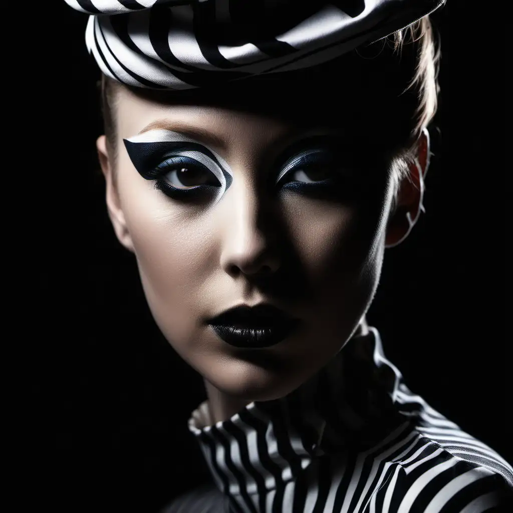 Close-up portrait in a studio with high-contrast lighting, style: avant-garde fashion. Camera setup for crisp details and dramatic shadows: 85mm lens, f/2.8, ISO 100, 1/160 sec with a softbox on the side.