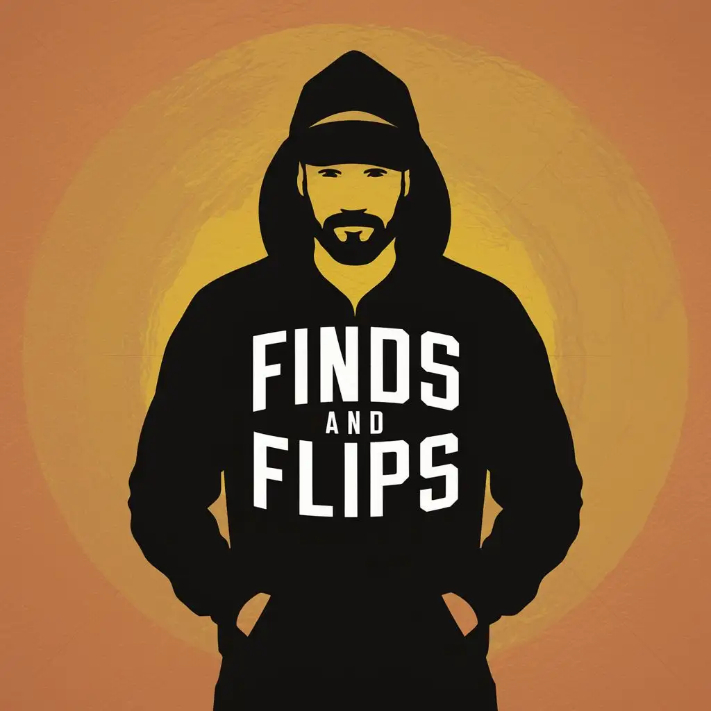 logo, a silhouette of a man in his 40's , wearing a hooded sweatshirt with the hood down, with a beard and backwards hat, with the text "Finds and Flips", typography, be used in Entertainment industry