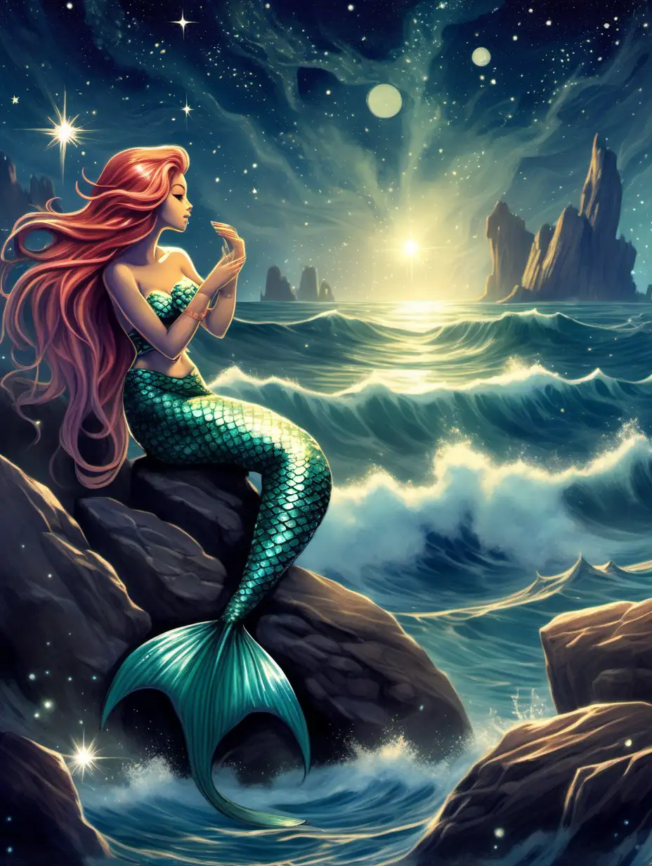 A mermaid lounging on a rocky outcrop, serenaded by crashing waves and starlight.