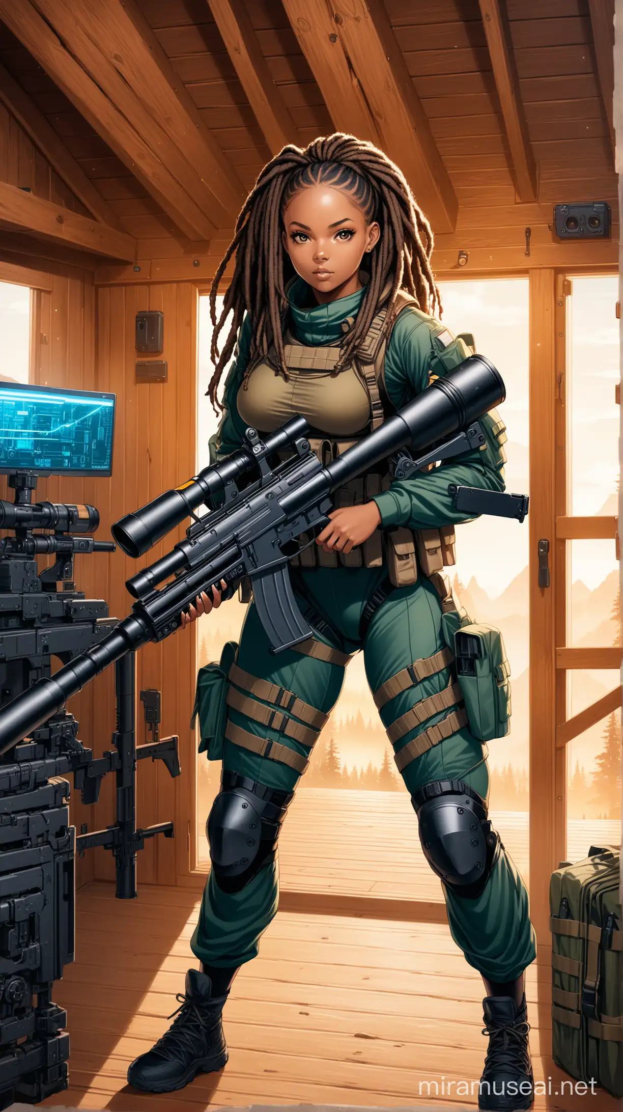 Fierce Black Woman with Dreadlocks Armed with Bazooka in HighTech Cabin
