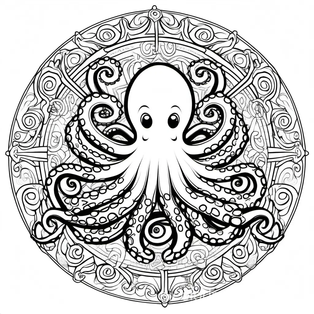 octopus inside a mandala, Coloring Page, black and white, line art, white background, Simplicity, Ample White Space. The background of the coloring page is plain white to make it easy for young children to color within the lines. The outlines of all the subjects are easy to distinguish, making it simple for kids to color without too much difficulty