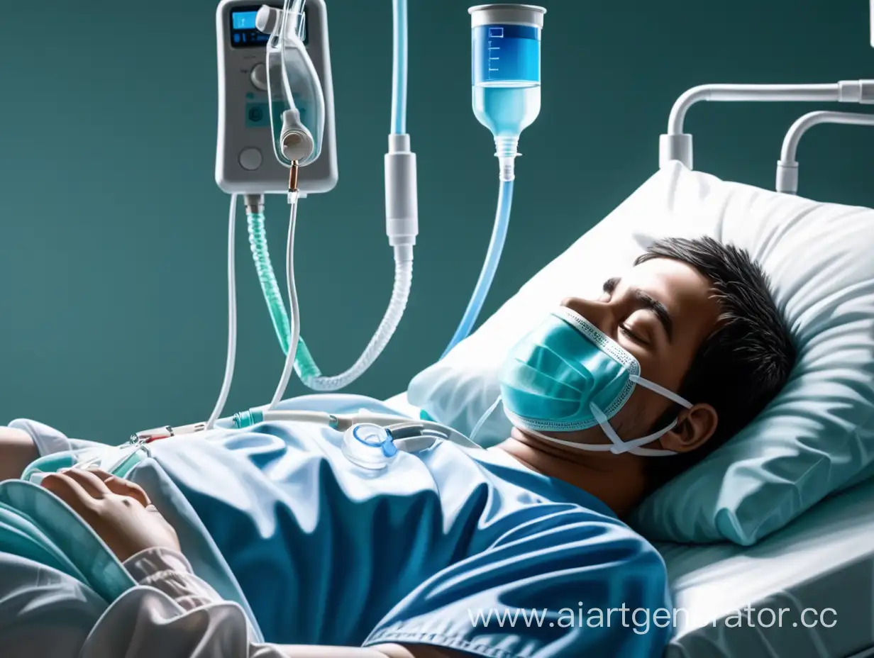 человек в больнице , лежит на кровати под капельницей, можно ещё маску респиратор с кислородом