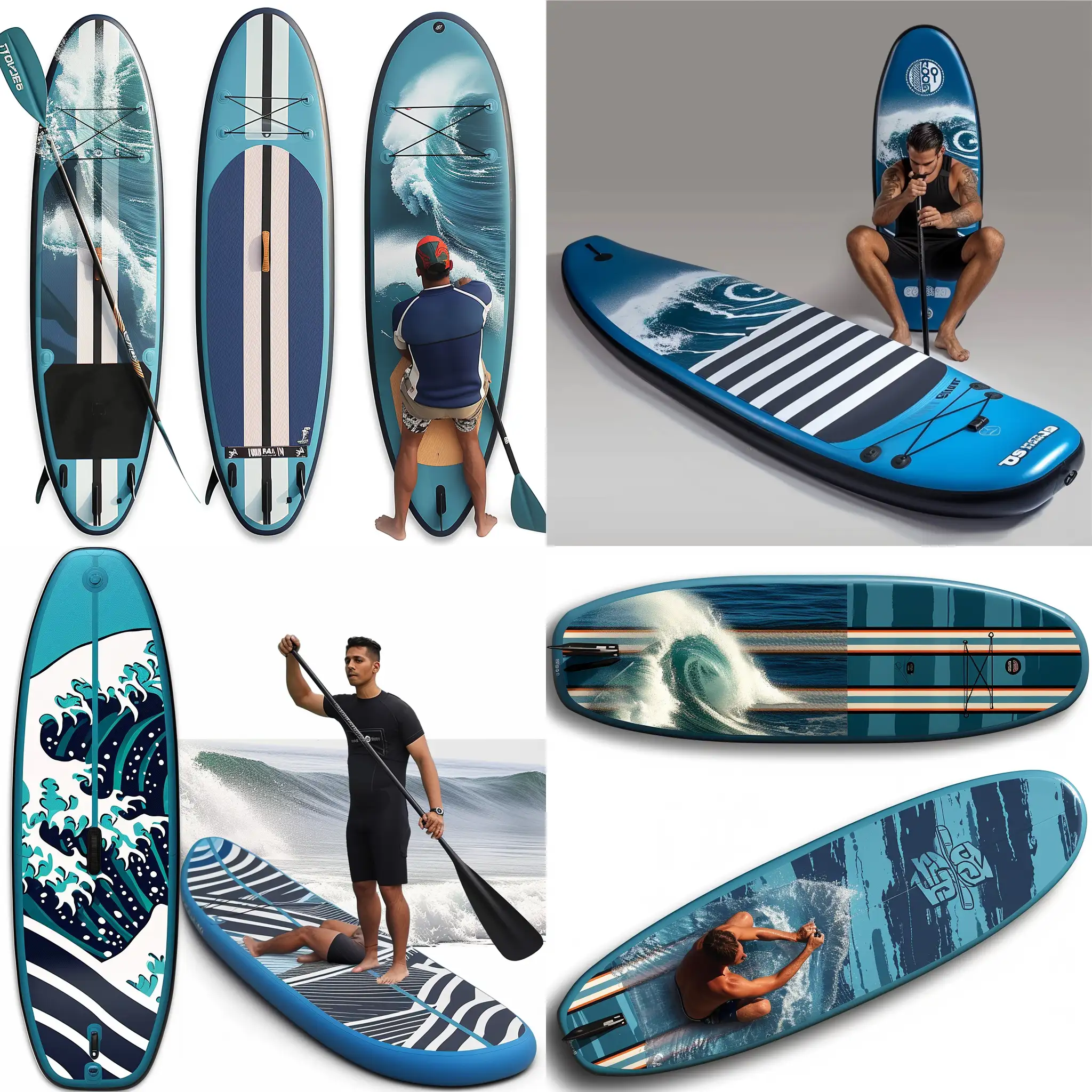 make a sup board its blue with a whave on and with white and black stripes. A man is standing an paddeling and  is sitting on it.