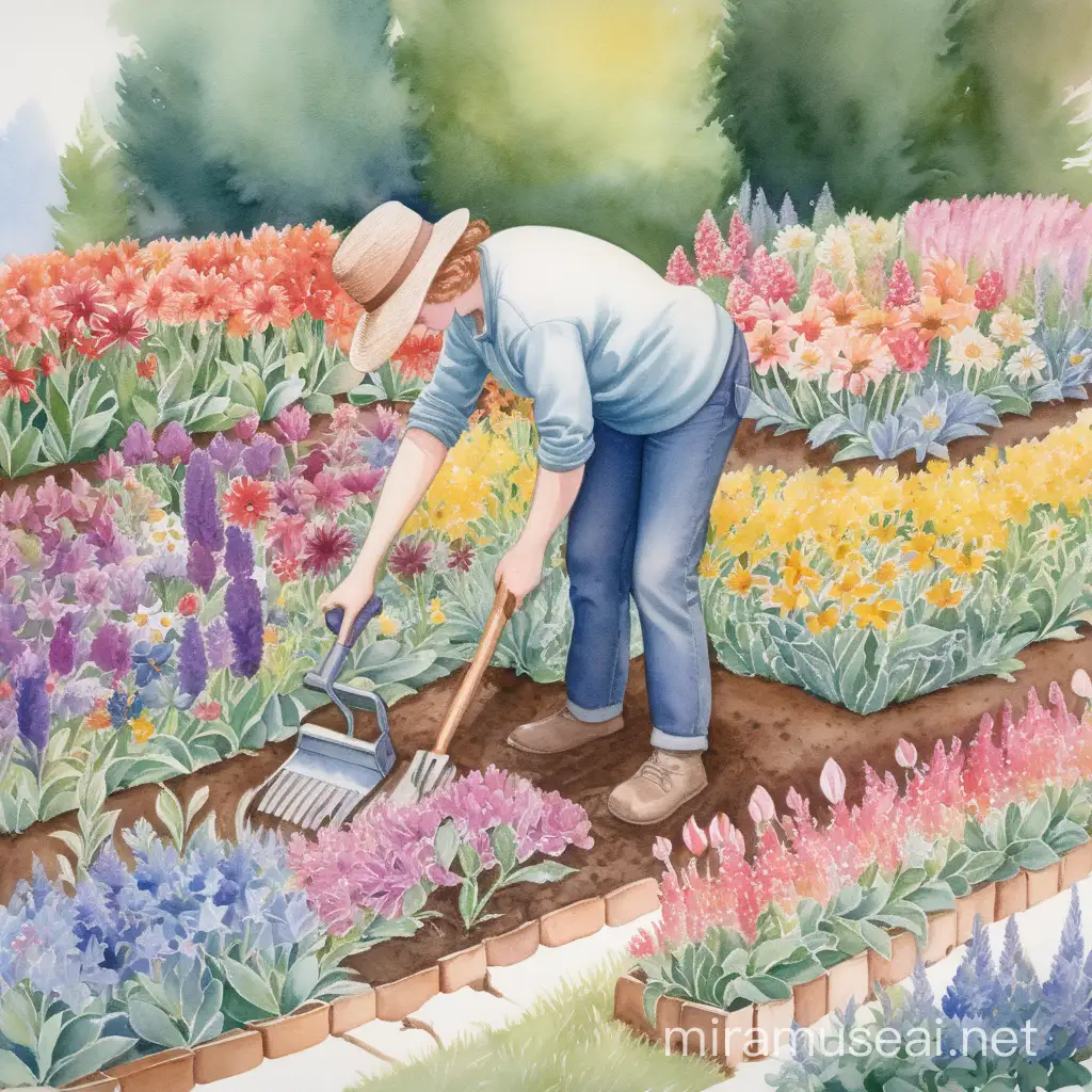 a watercolor of a person tilling one medium sized flowerbed with 50 different types of flowers in it