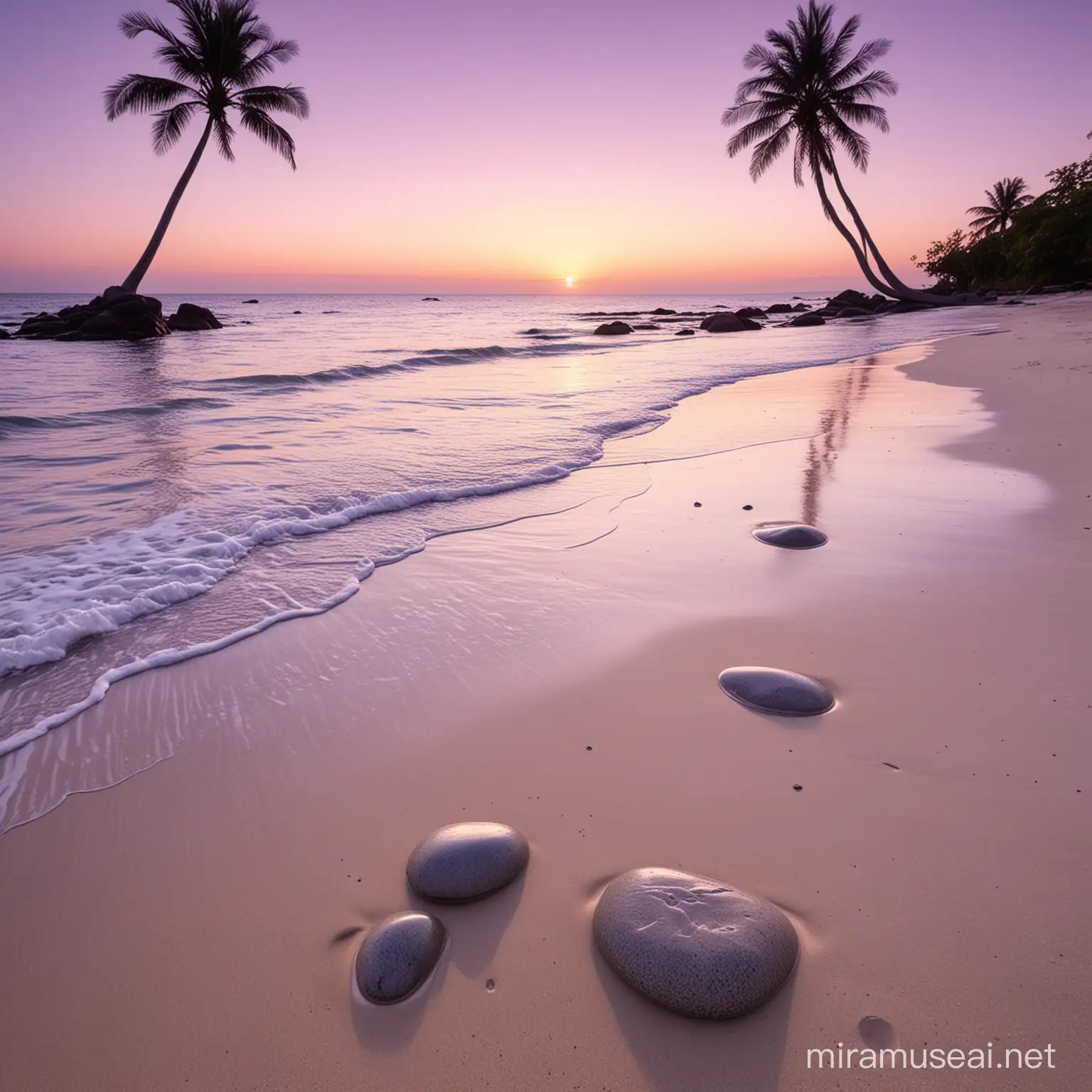 Paisaje de playa paradiasica tranquila, en tonos malva claro, con 4 piedras redondas de color gris con vetas blancas juntas en la lejanía. Debe ser a la puesta de sol y debe verse 3 palmeras en color morado