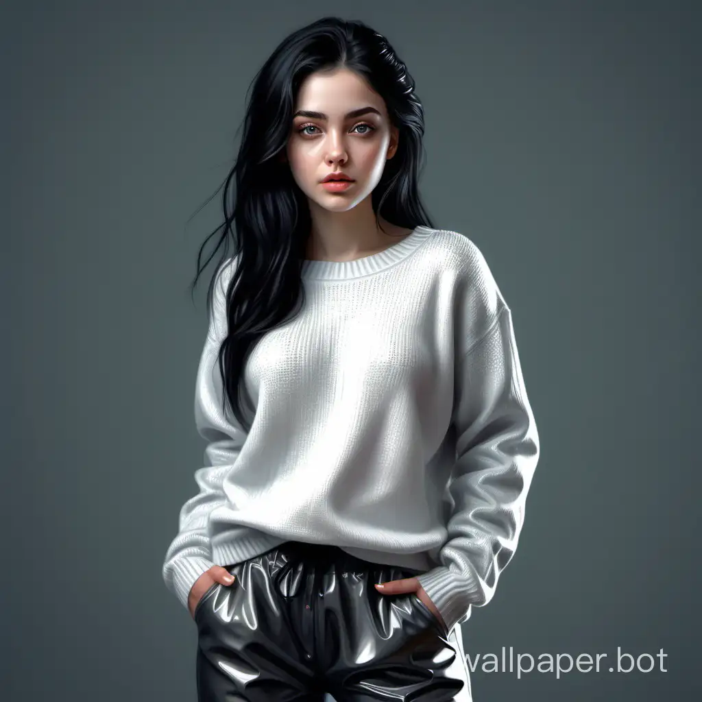 modern girl 20 years old. Highest quality and detail. Clear illustration. Realistic reflective expressive wet eyes, realistic black hair, clean skin. In a light sweater and pants. In frame to waist. 8K. Digital painting