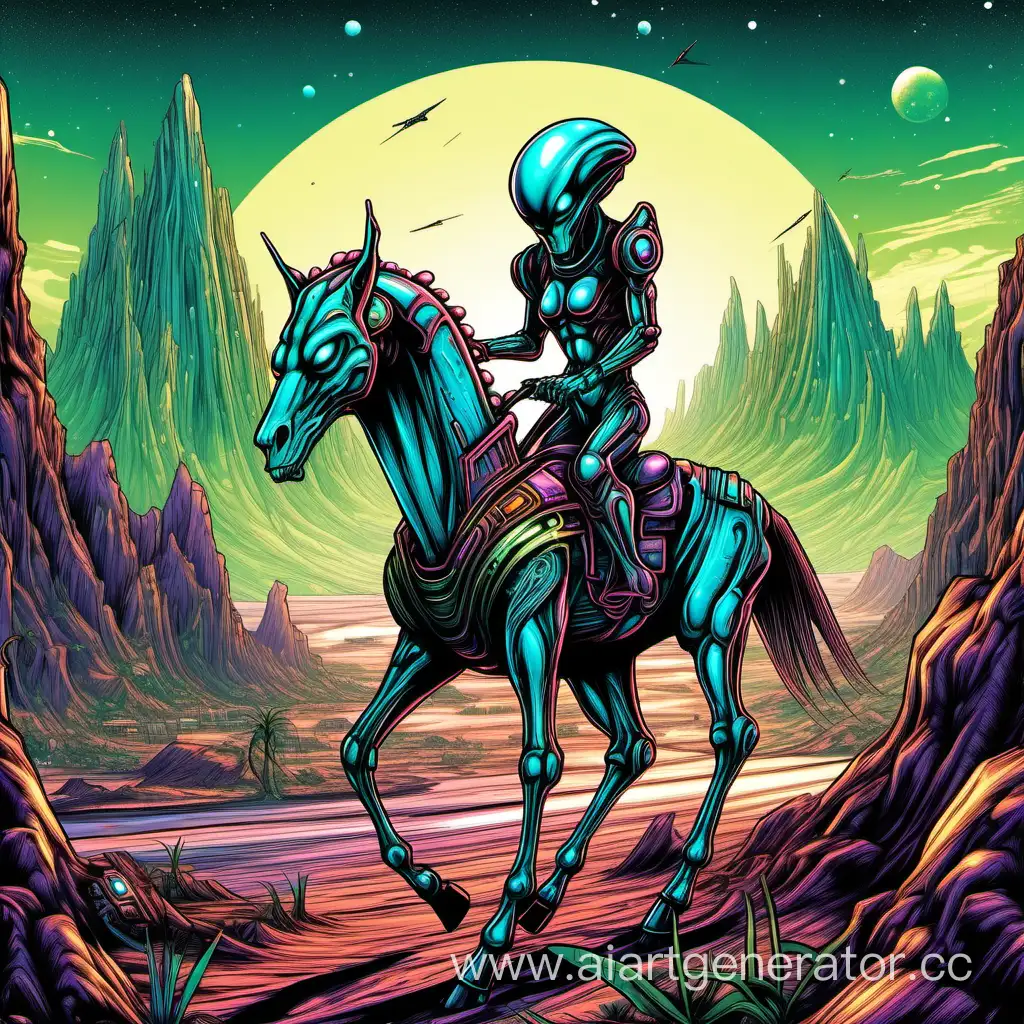alien android, riding horse, alien planet with jungle and mountains, stylized in scifi art