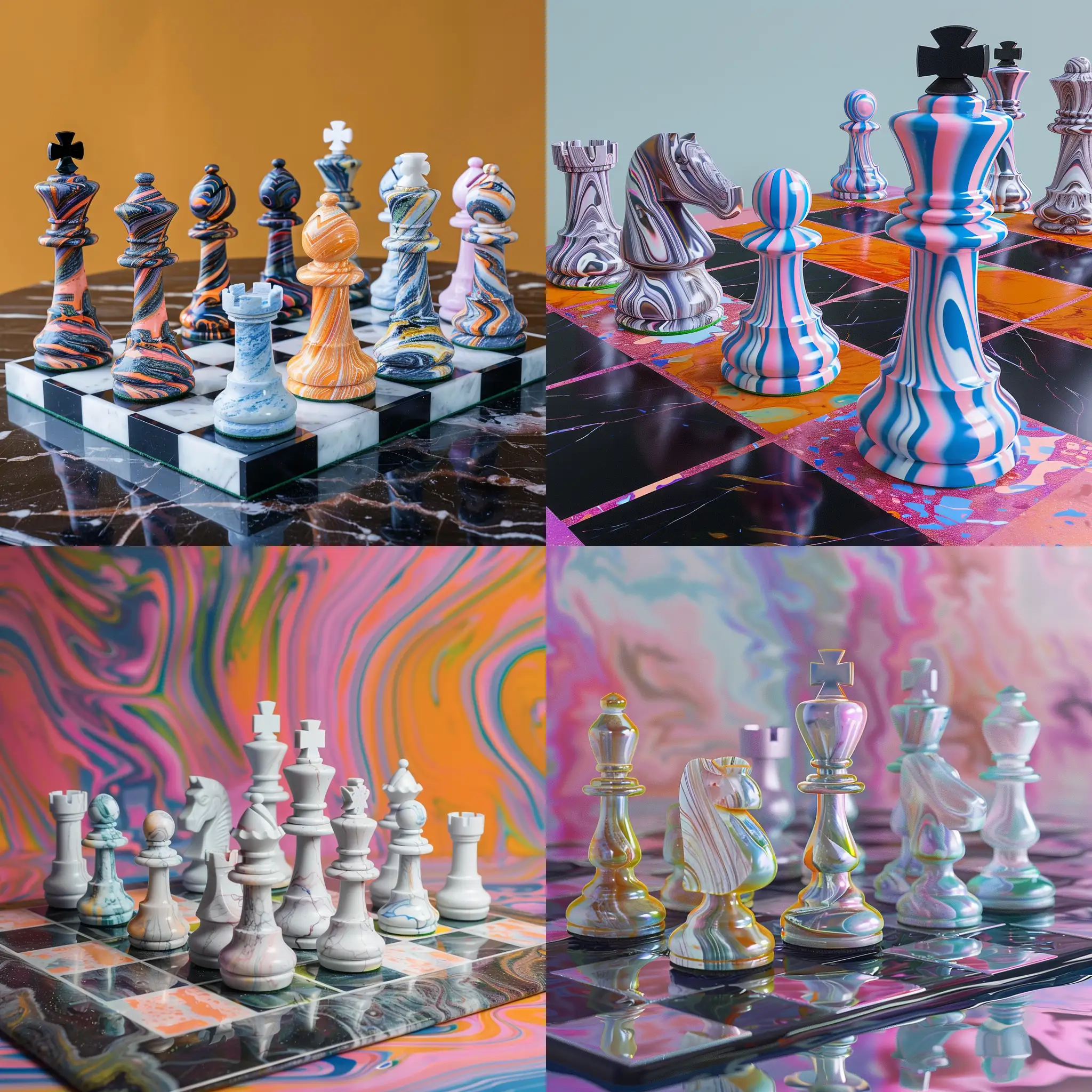 futuristic chessboard, marble, bright colors, unique style