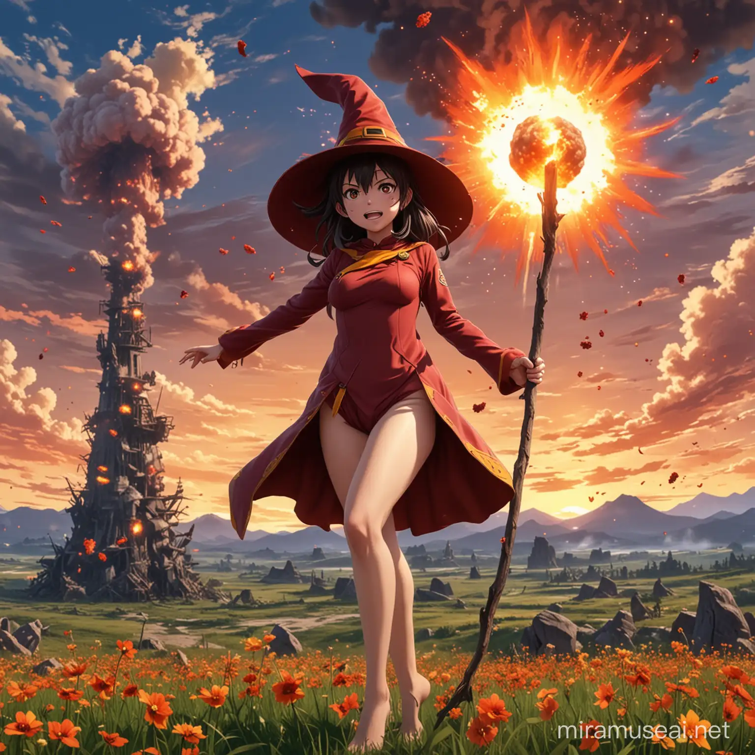 čarodějka Megumin stojí na kvetoucí jarní louce a v pozadí za ní je obrovský jaderný výbuch. Megumin se tváří překvapeně. je nahá a má je hůl a čarodějnický klobouk. anime vzhled.