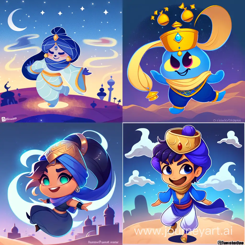 Character Genie from the cartoon Aladdin, on the background of dark blue desert, on the background of the city of Agrabah, front, cartoon - style cute