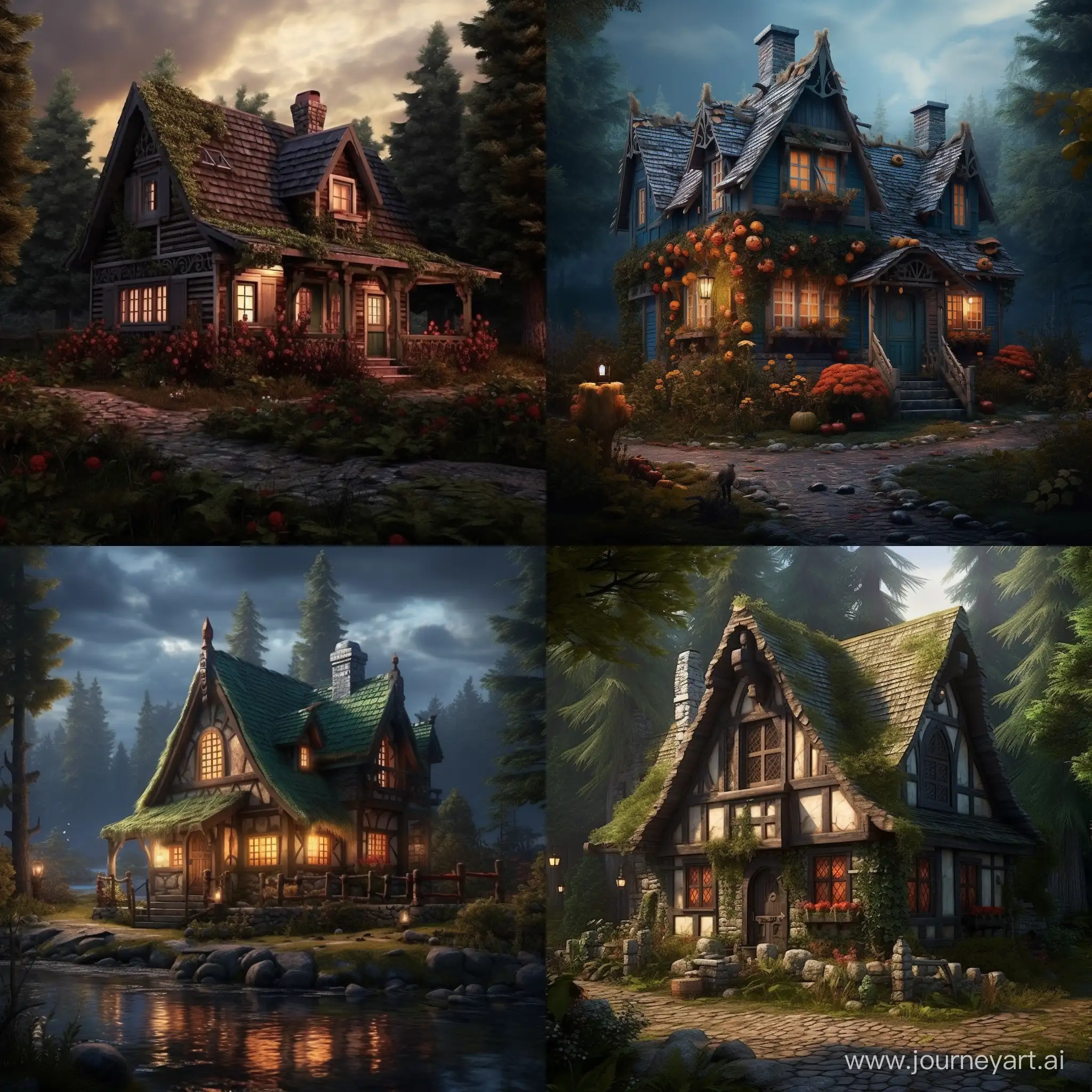 make a cottage for someone (seen from the outside) who is secretly plotting revenge - their cottage is cool but they are up to something evil inside. 