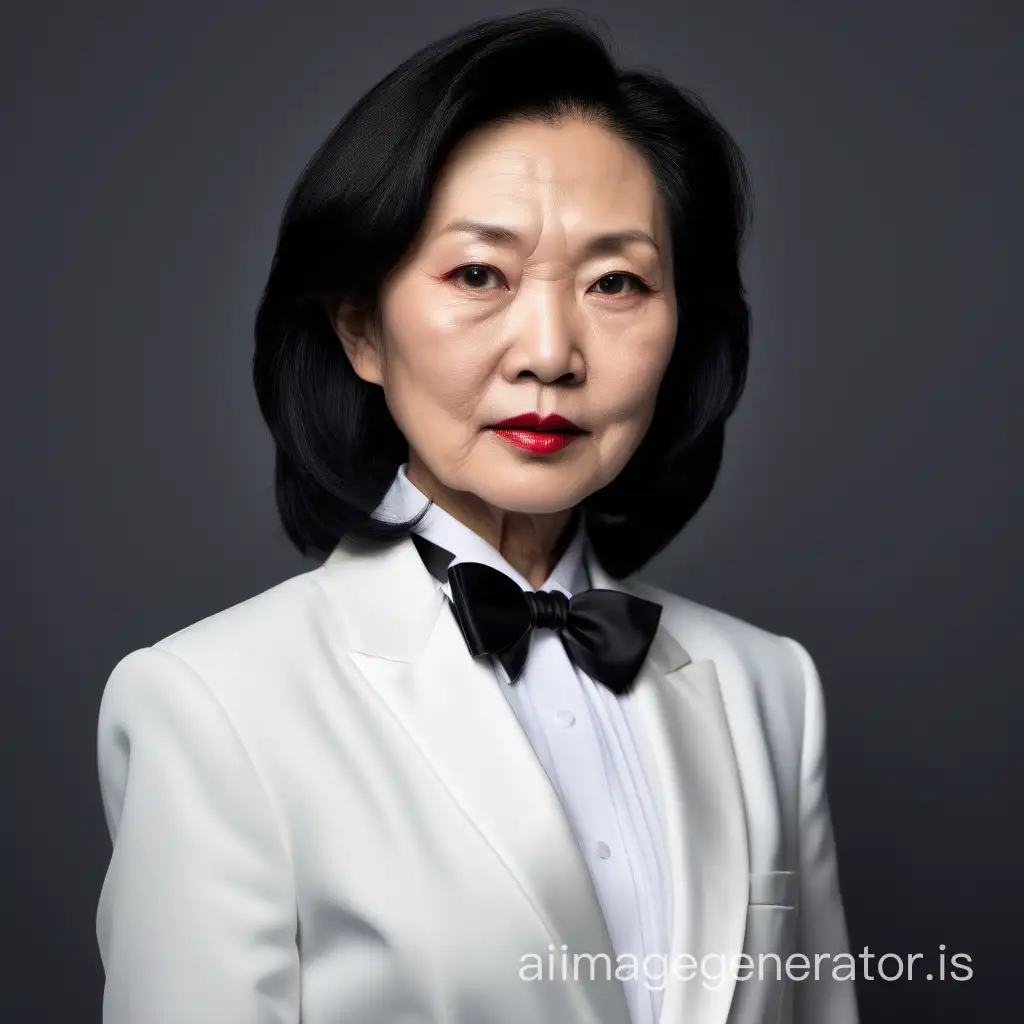 stern middle aged chinese
 lady with shoulder length hair and lipstick wearing a white tuxedo, wearing a white shirt, wearing a black bow tie