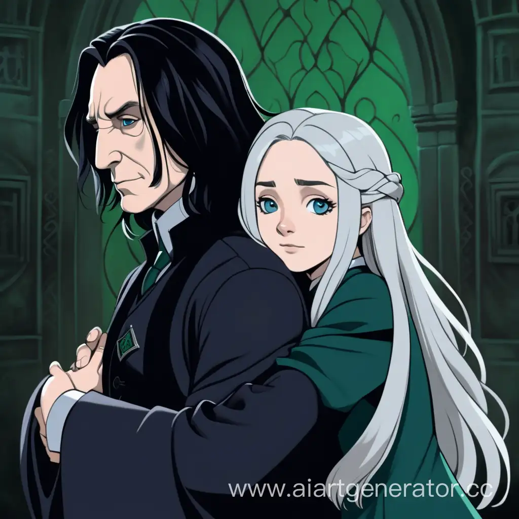 Северус Снейп обнимает девушку с длинными белыми волосами и голубыми глазами, белой кожей,в форме Слизерина