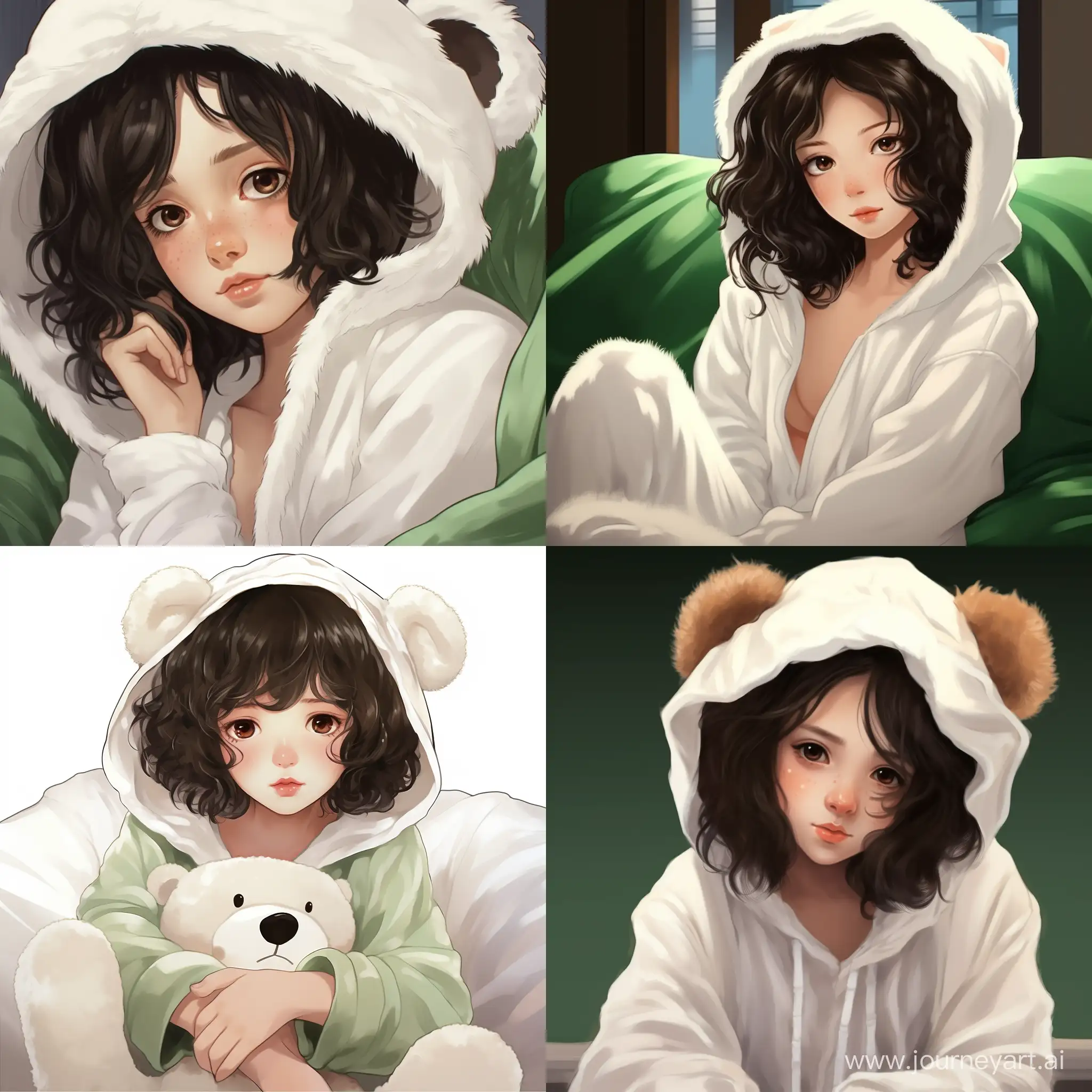 Beautiful girl, straight dark hair, expressive green eyes, snow-white skin, teenager, in kigurumi, sleepy, high quality, high detail, cartoon art