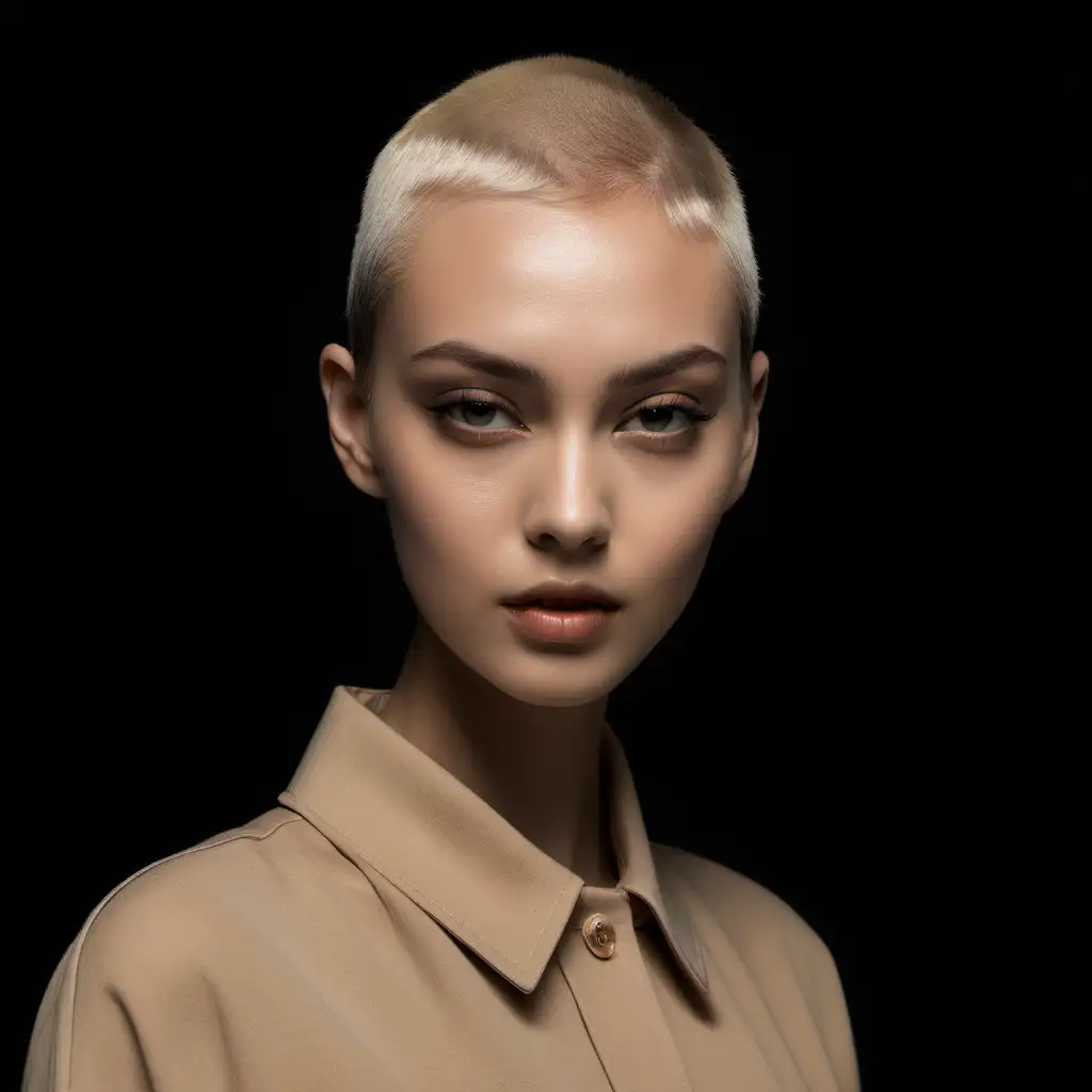 model with thin hair in a black background photoshoot she is dressed in beige
