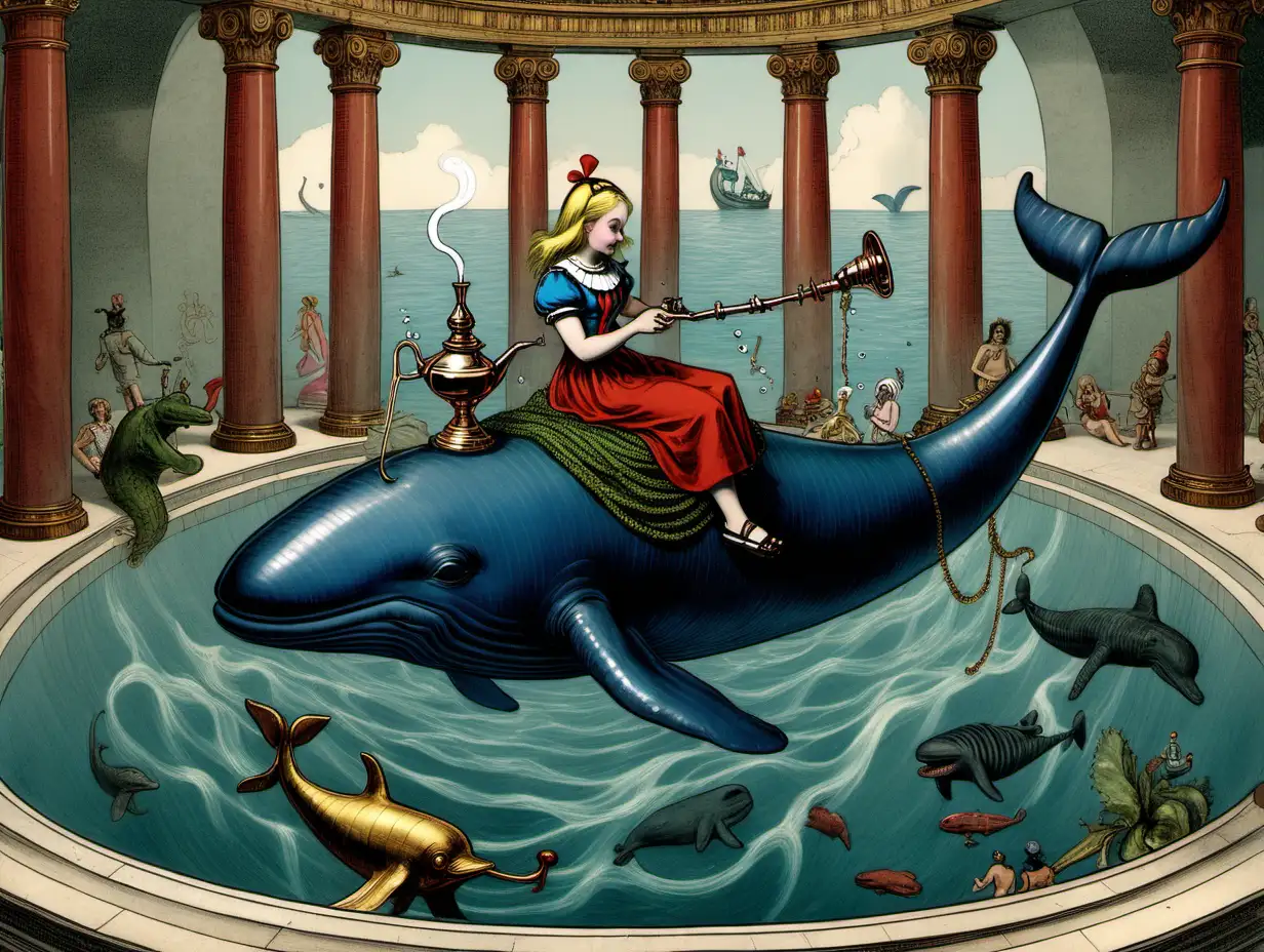 Alice and HookahSmoking Caterpillar Riding Whale in Roman Bath