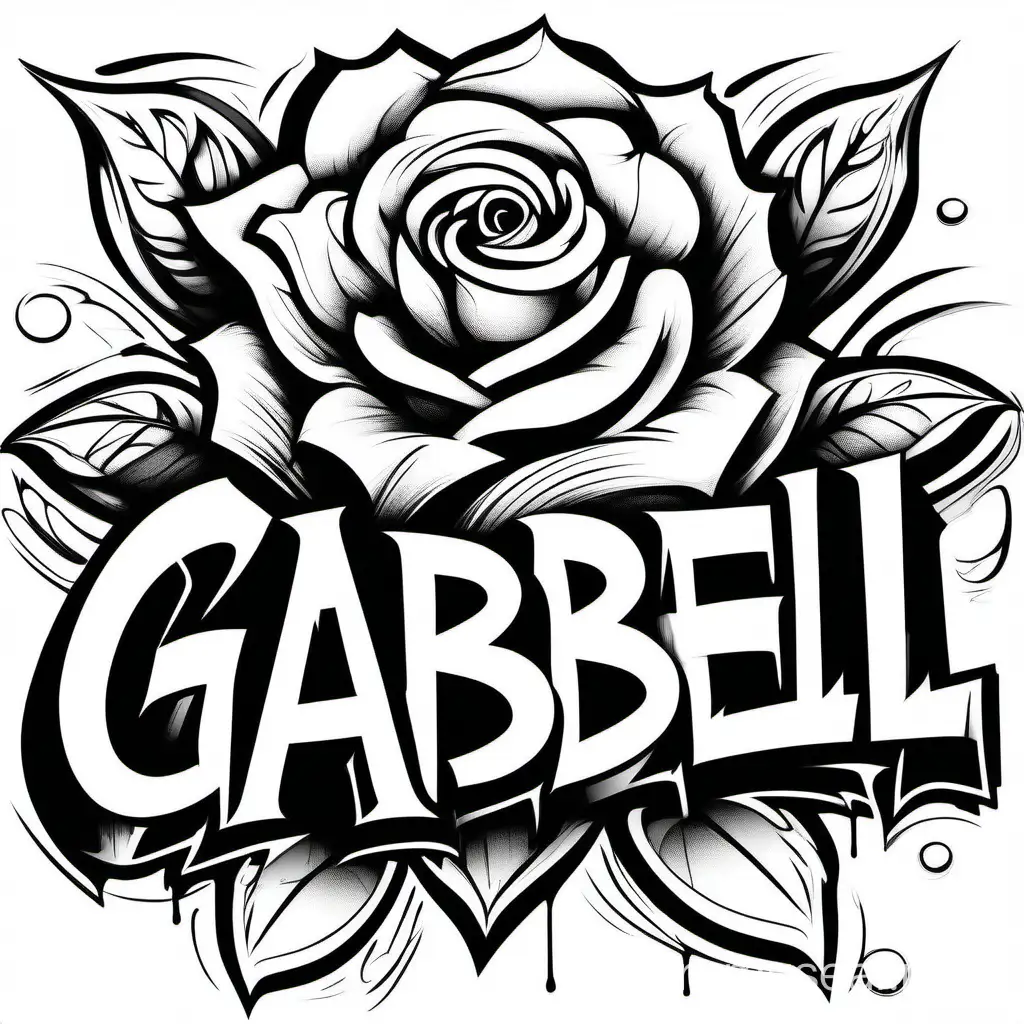 Create a graffiti colouring page, all white , black outline, no colour, with a bloomed rose behind the word Gabriel written clearly, no shading, low detail, white background , colouring page graffiti art style
