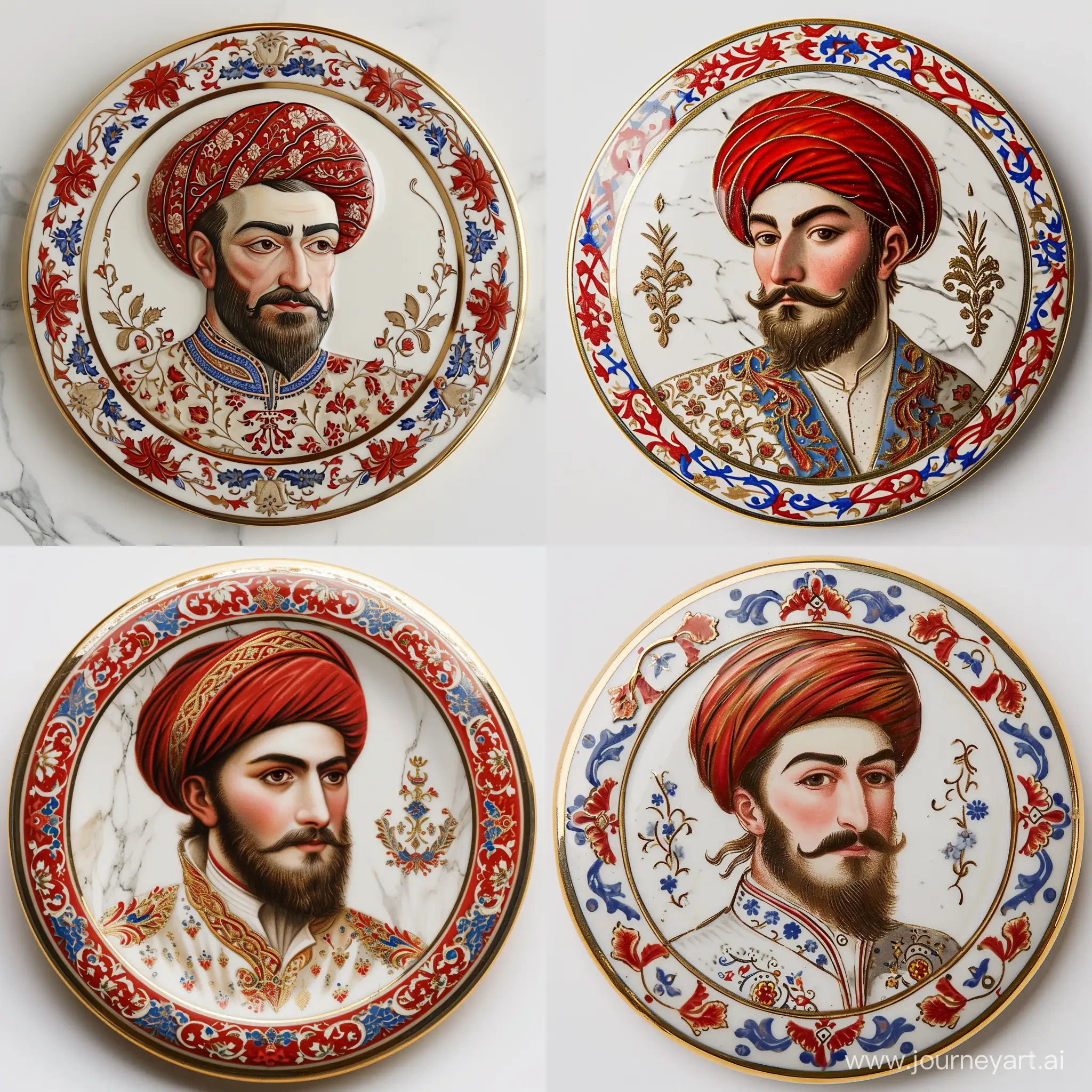 Round porclain seal: depicting a handsome safavid prince wearing Ottoman turban and persian collar islamic dress, having brown eyes and red small sideburn beard, red white blue islamic arabesque floral motifs embossed around shiny golden border with crest, white marbled background; front view --v 6