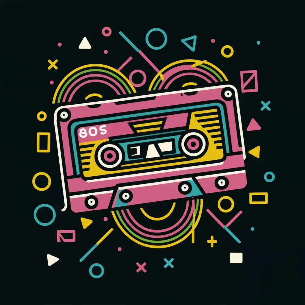 logo, create 80s style cassette tapes  , vector, sharp outline, no jagged edges, bright vibrant Neon colors, Contour, narrow black outlined image, very sharp lines , white  Background, highly Detailed, large image, with the text "80s Remix", typography
