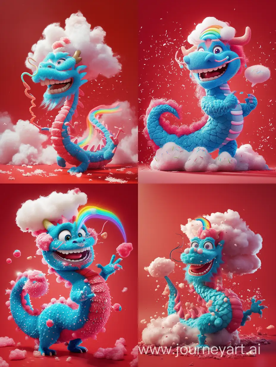 皮克斯动画风格，农历新年，红色背景，由棉花糖材质制成，一条蓝色和粉色的大中国龙，带着大大的微笑，它的尾巴像一朵云，它的头上有一朵七彩云，强光效果