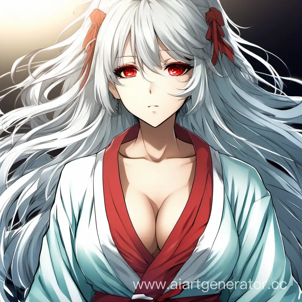 Привлекательная аниме девушка 18-ти лет с белыми волосами, красными глазами, бирюзовой рубашкой, белым халатом и пышной грудью