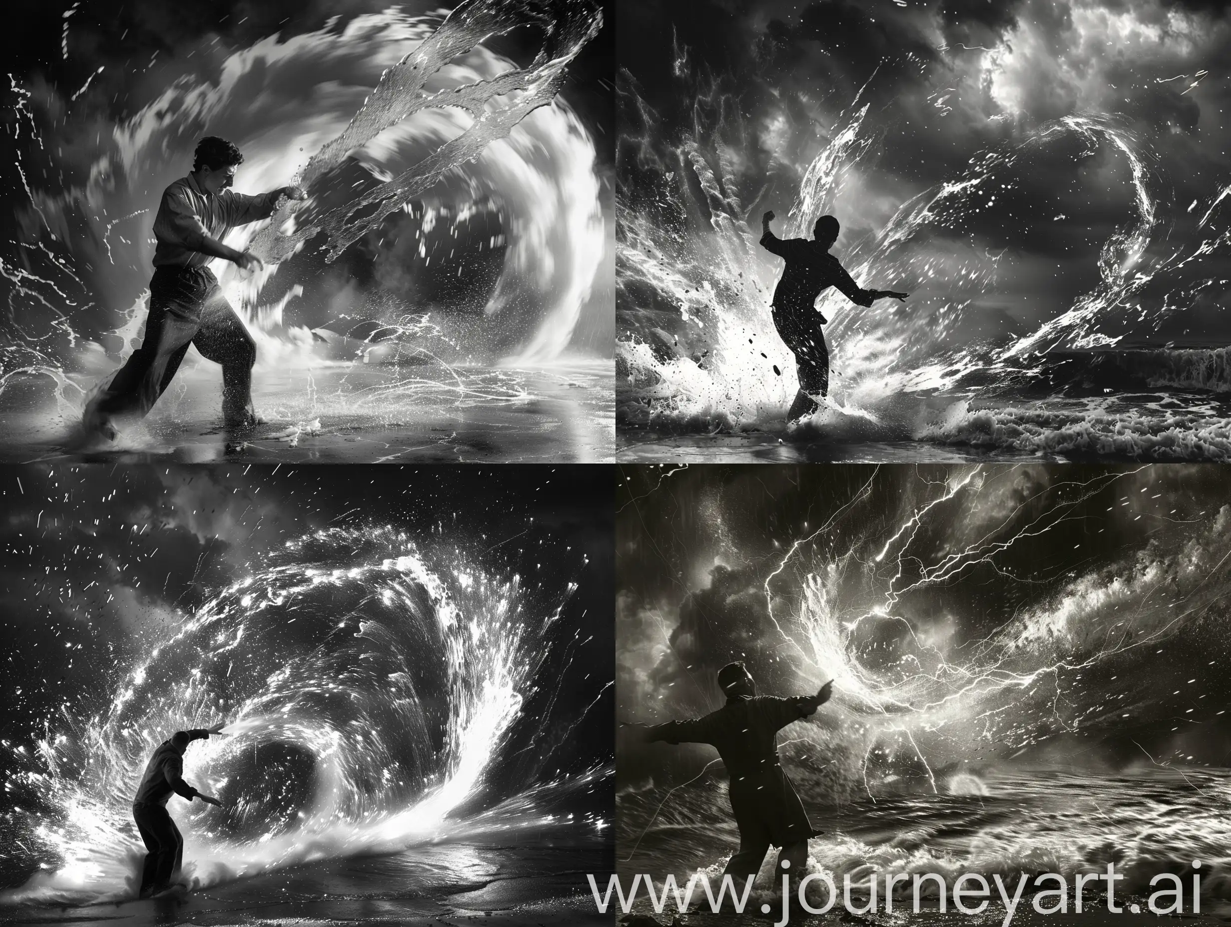 black and white scene, man creating a tornado, dramatic lighting