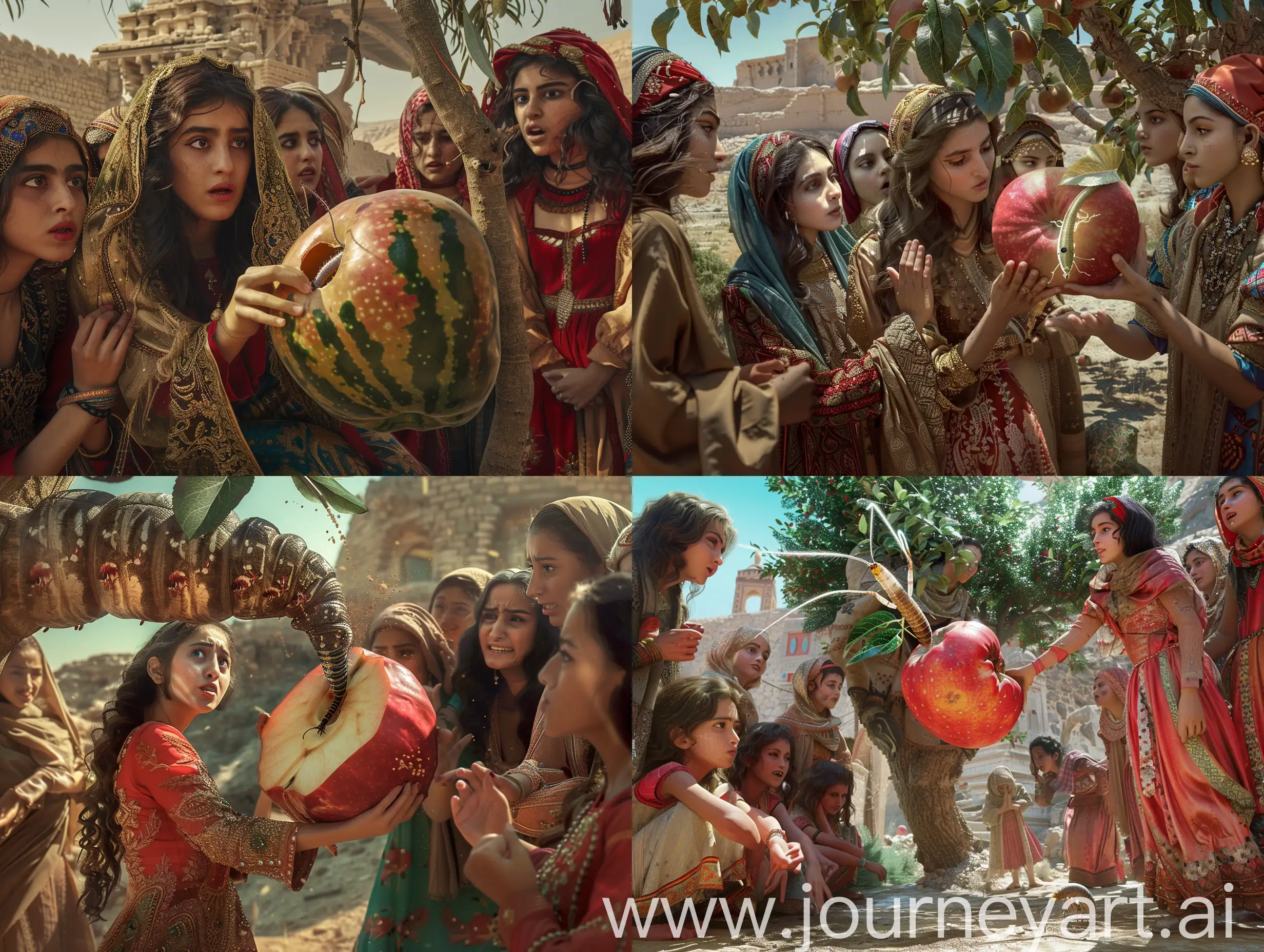 A silkworm pierces an apple the size of a watermelon and emerges from that hole. This apple is in the hands of a young Persian woman dressed in traditional clothes and looking at the worm with disgust, surrounded by young Persians women who laugh at her and make fun of her they are under a giant apple tree, outside the citadel of Bam. in an ancient civilization, in a desert, cinematic, epic realism,8K, highly detailed, backlit, glamour lighting