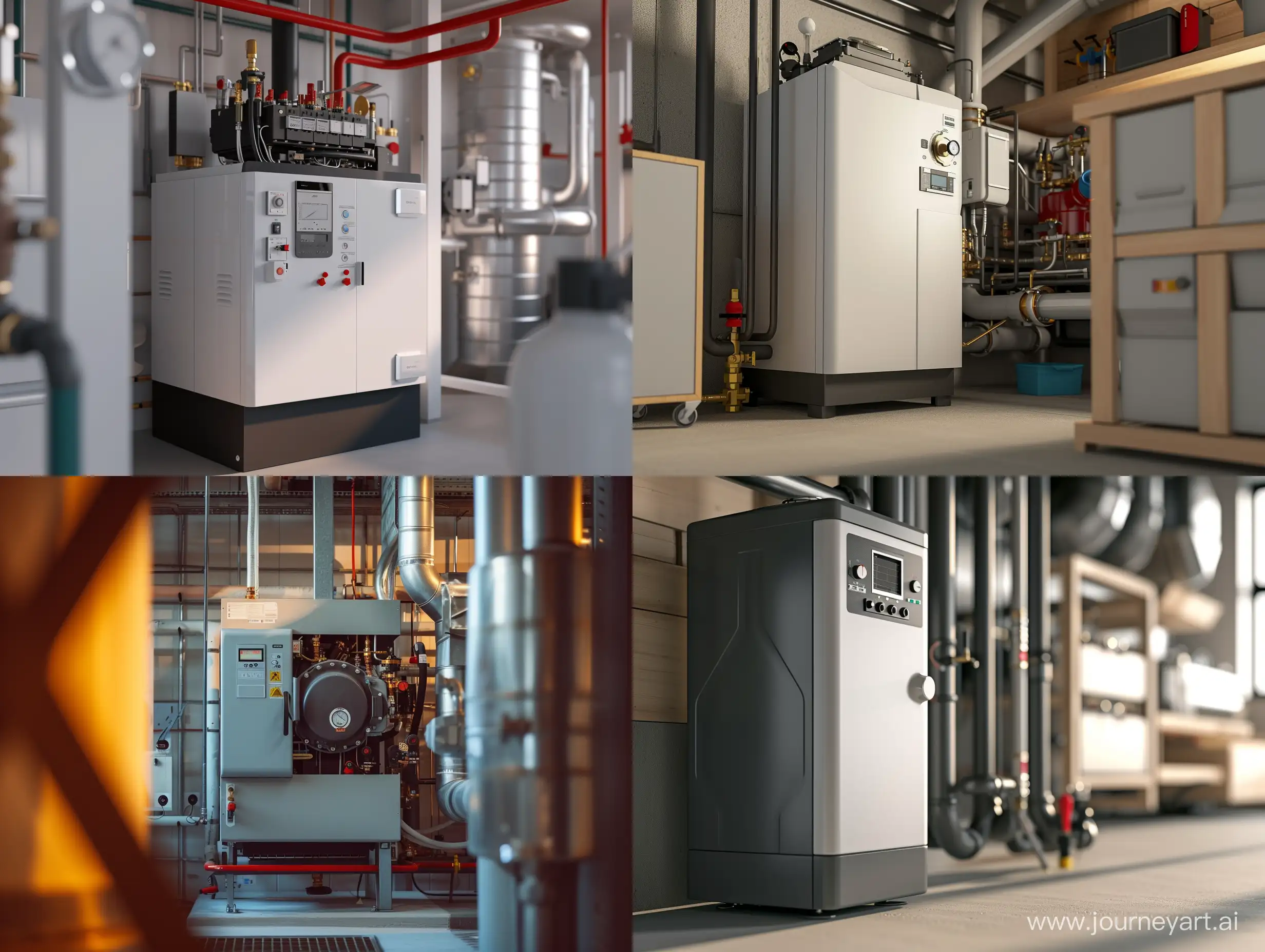 Use an image of a gas boiler, don't change the look of the boiler, complete the image of the boiler room interior around the boiler so it sits there organically