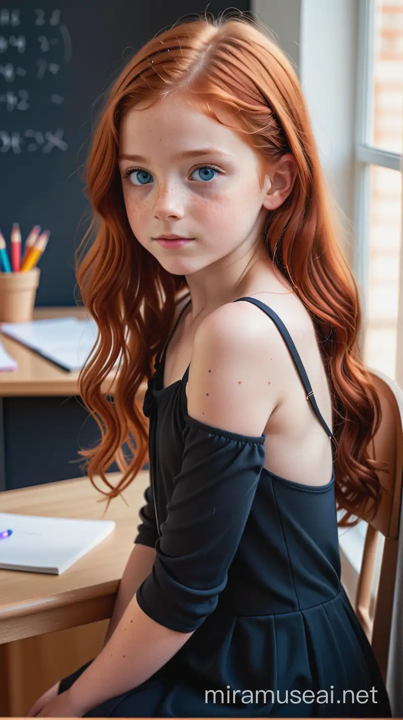 Beautiful fifth teen years old Red-haired girl , blue eyes, long hair, freckles,  in sitting position,  on a desk, she's wearing a tiny black dress. 