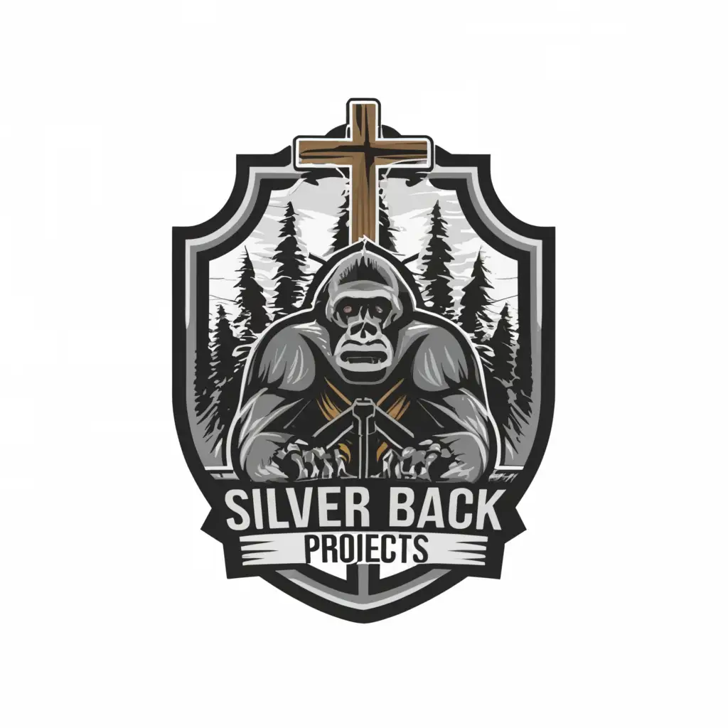 a logo design,with the text "Silver Back Projects", main symbol:Gorilla Christian cross shield pine trees mountains,complex,be used in Religious industry,clear background