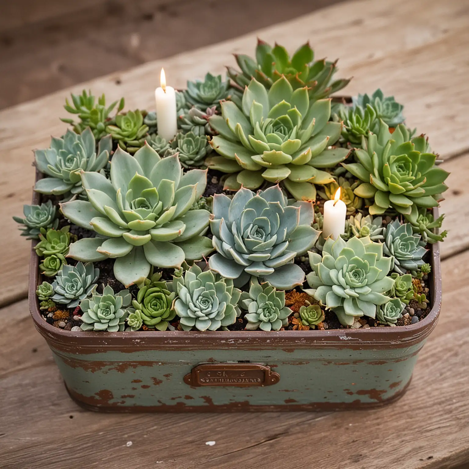 a succulent wedding centerpiece in a vintage container with a singe votive candle nestled in the middle of the succulents and there is nothing in the image outside of the vintage container; this is a centerpiece perfect for a vintage wedding theme