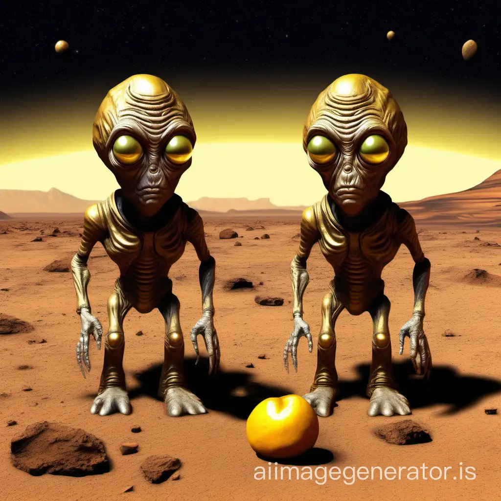 generate a image of a couple martian ( the matians look like not old they have brownish skin, yellow coin eyes, they were not happy now) they had a house of crystal pillars on mars we see the man of the couple eating a golden fruits