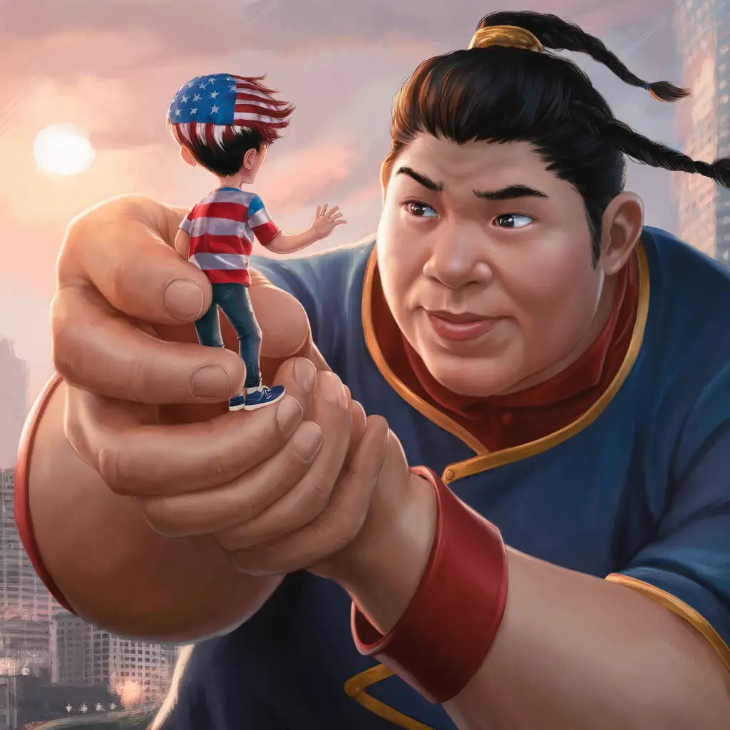 A Chinese giant holding a poor American boy with golden hair and skin that features the pattern of the American flag in his hand.