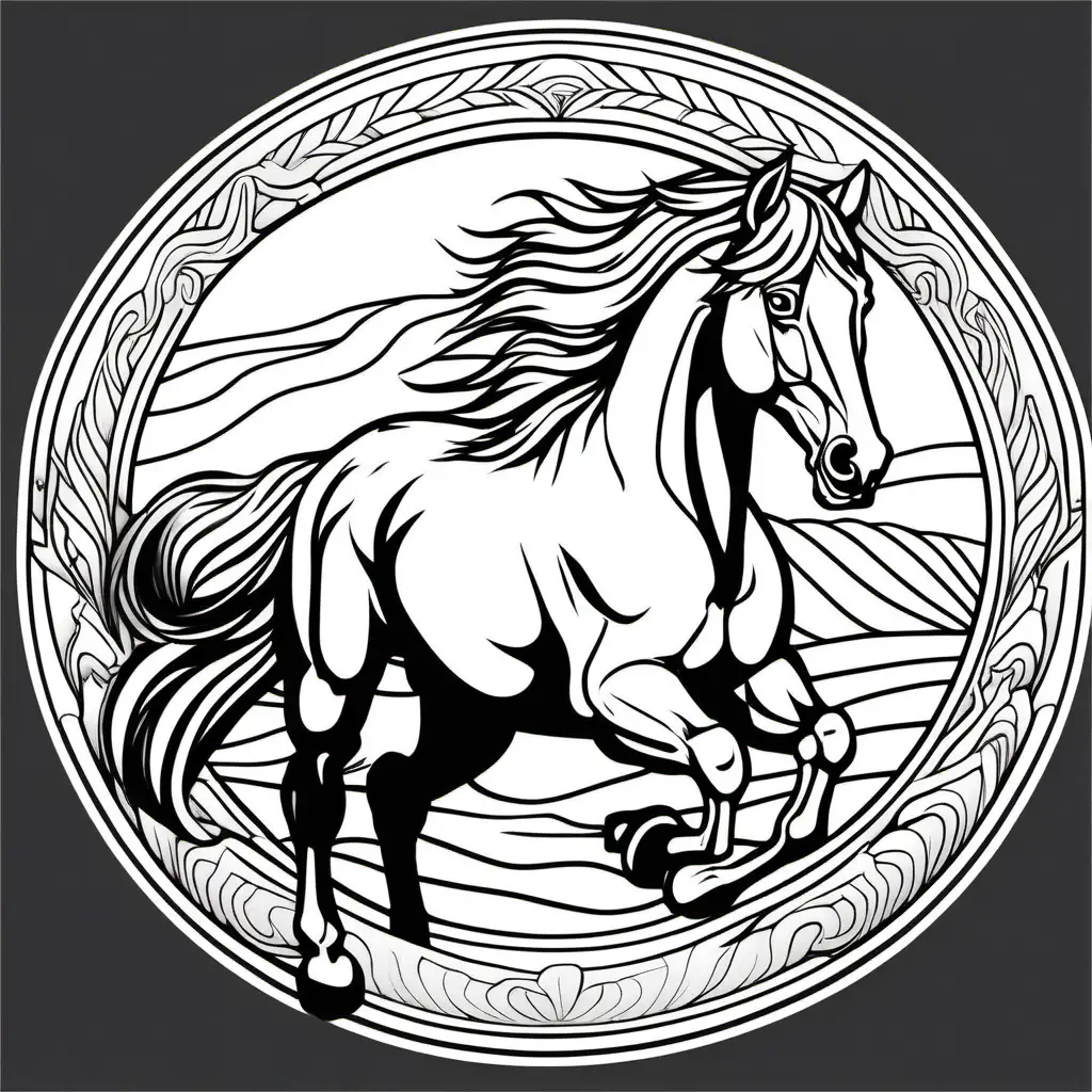 black and white, coloring page, clear defined dark lines and line border, no shadows, no greying, without the use of shadows or any form of graying. Emphasize clean lines, distinct shapes, and solid, non-gradient fills to maintain a simplistic and high-contrast appearance suitable for coloring, white areas, white background, running horse
