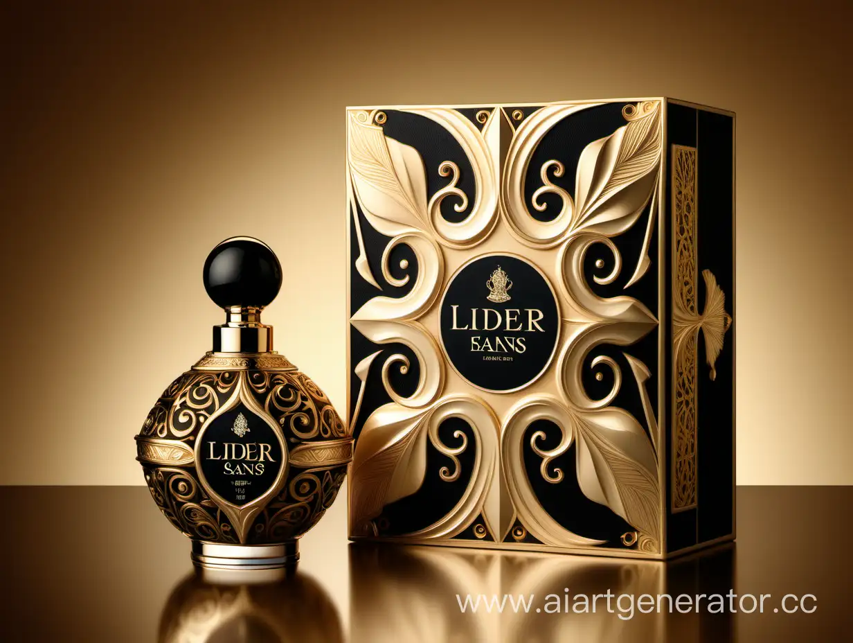 Box package design of perfume Lider Esans  product, elegant, trending on artstation, sharp focus, studio photo, intricate details, highly detailed, gold, Royal black and beige color on gold background