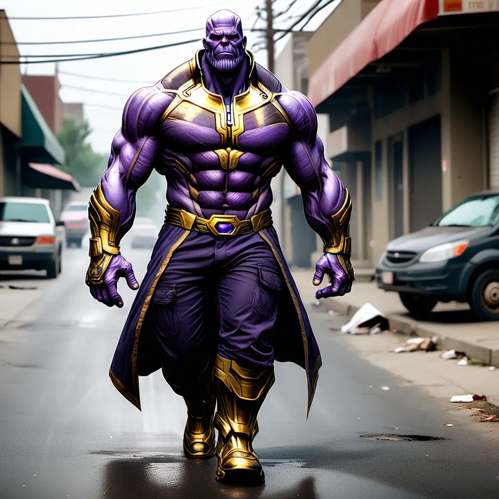 Thanos like,  creature,  semi  realistic, full body image, walking in the hood