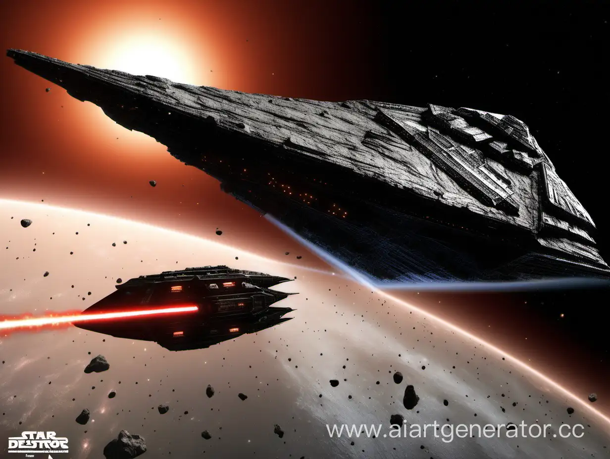 The Venator star destroyer drifts next to an asteroid, and ships fly around it that extract minerals from this asteroid. The venator is driven by a jet engine, and heat flows are ejected from its bottom.