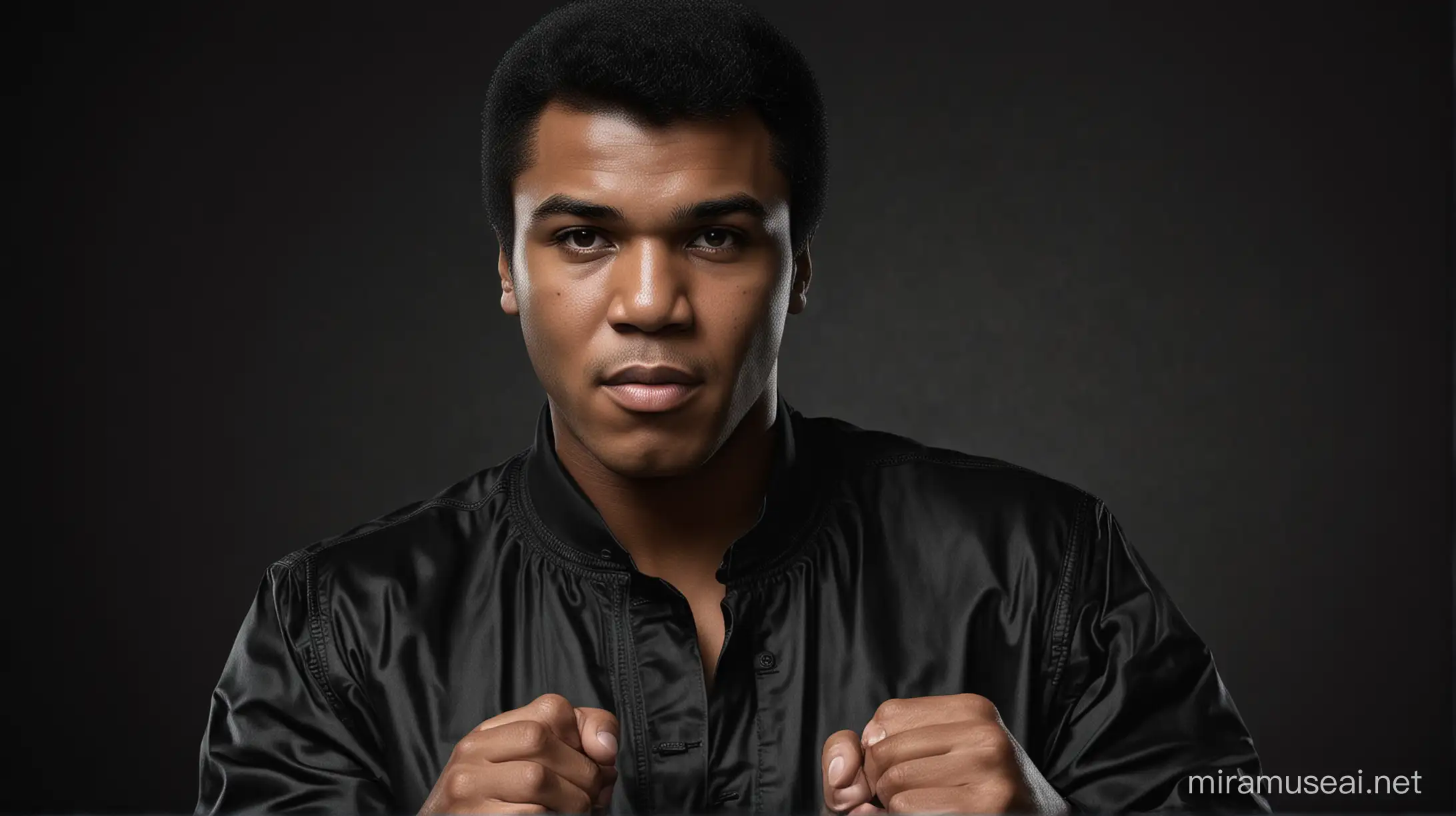 Create an image of Muhammad Ali wearing a sweet with a black background
