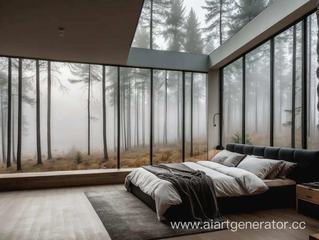 спальня с большим окном с видом на лес в тумане