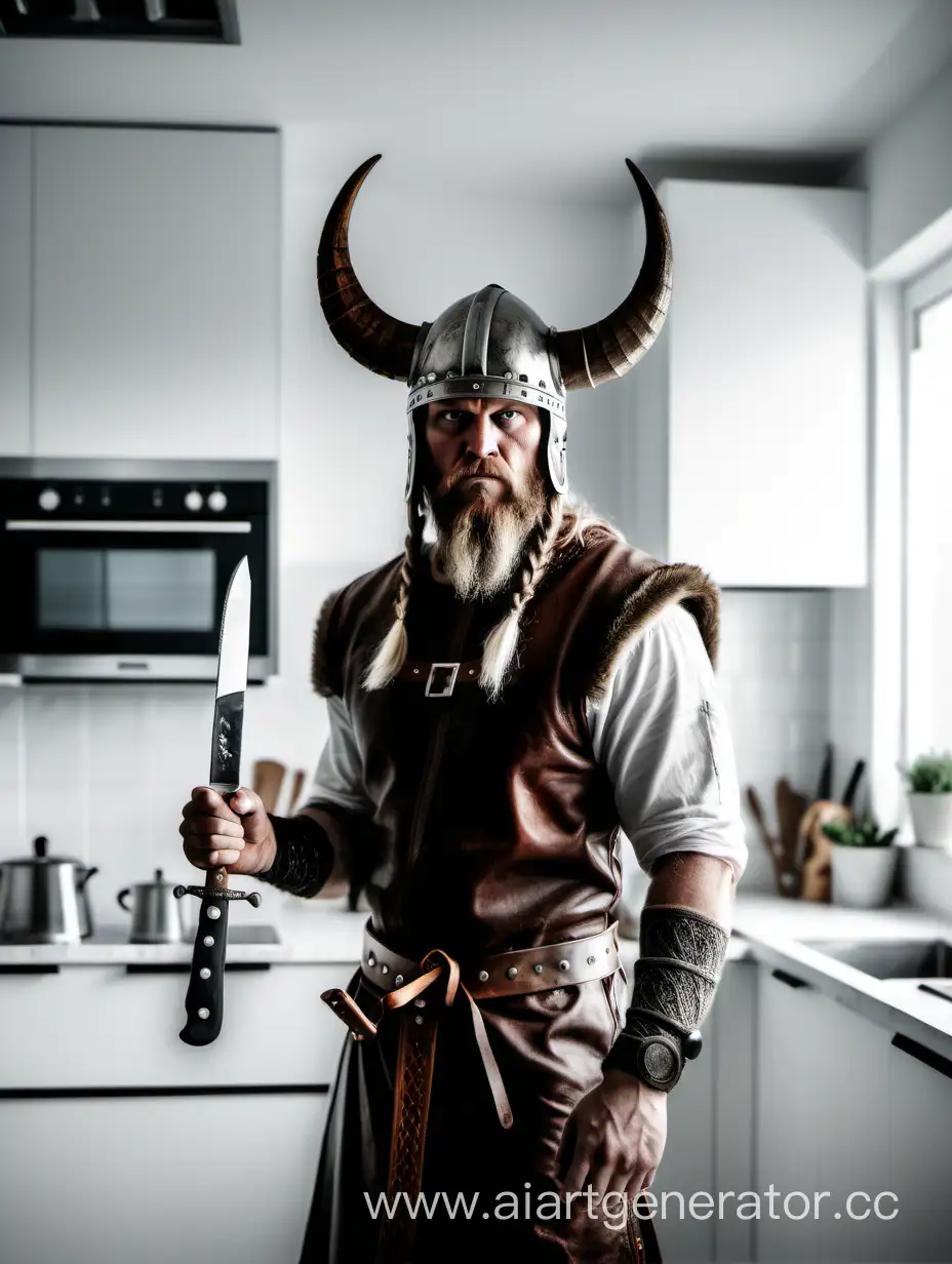 A Viking in a helmet with horns stands in a modern white kitchen holding a knife in his hand