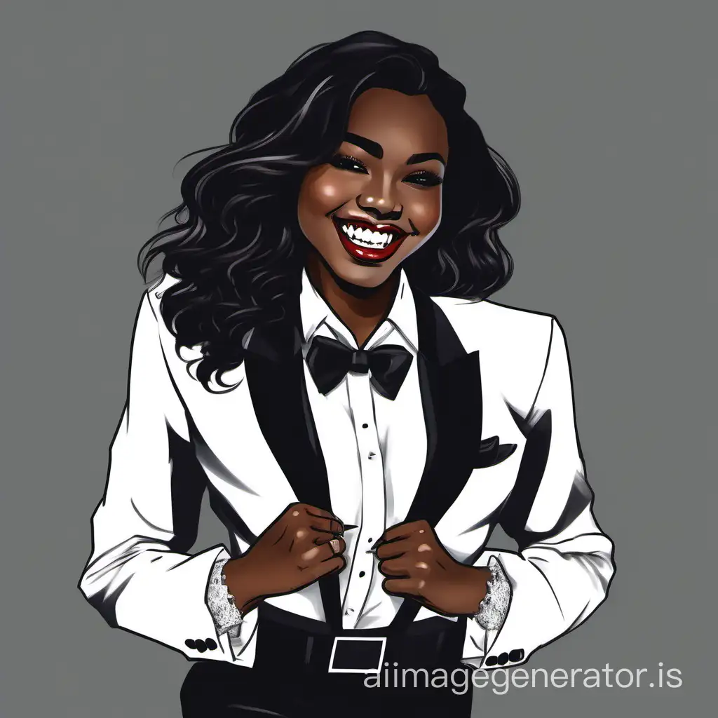 Beautiful dark skinned pinoy woman with shoudler length hair and lipstick wearing a tuxedo with a black  jacket.  Her shirt is white with double french cuffs and a wing collar.  Her bowtie is black.  Her cummerbund is black.  Her cufflinks are black.  She is smiling and laughing. Her jacket is open.