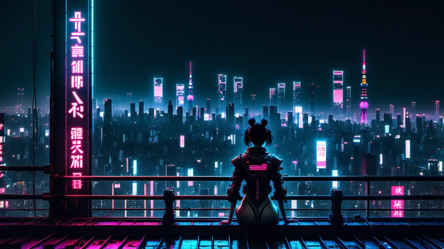 Japanese cyberpunk neon rooftop looking at city