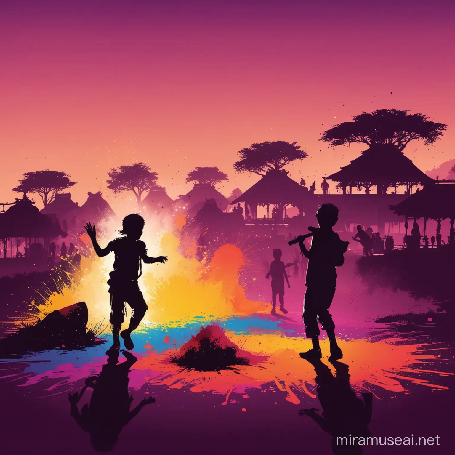 children playing holi at distance, vector style, silhouette style,