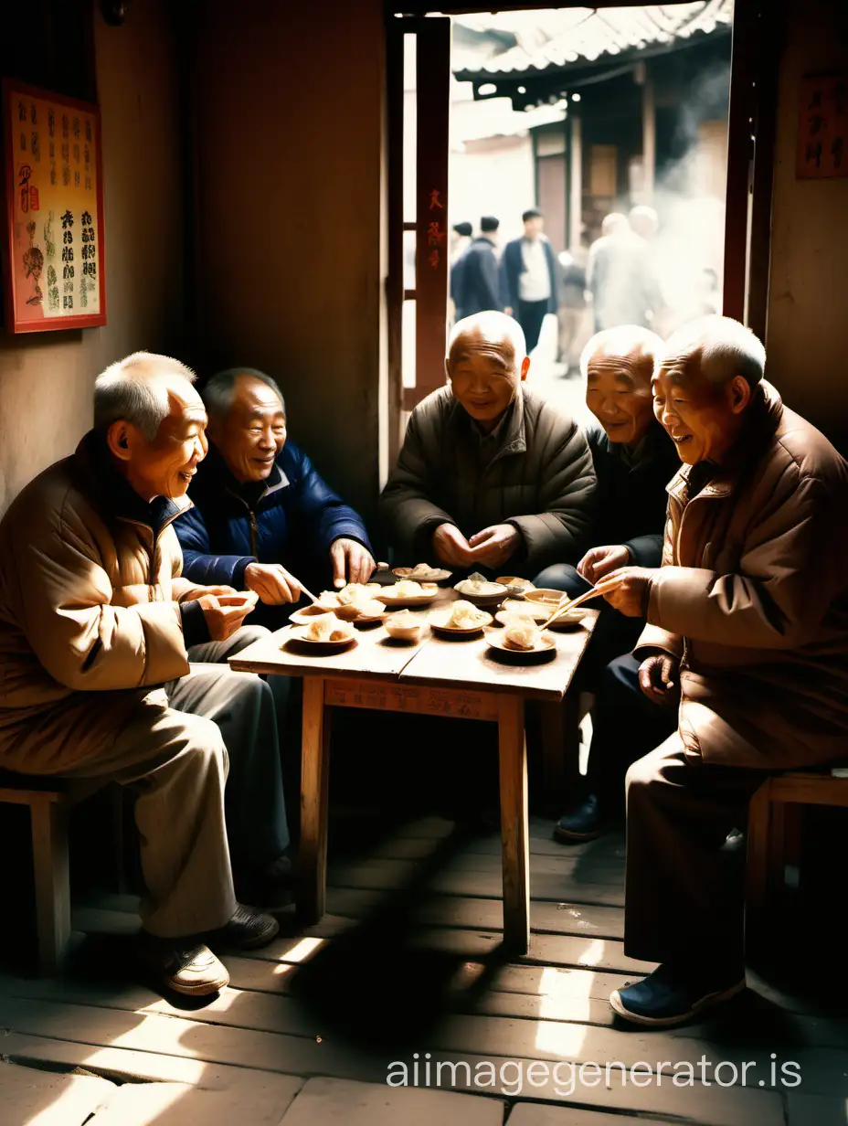 An analog photo, slightly faded with colors tinged in warm sepia tones. A group of elderly Chinese men sit clustered around a low wooden table in a humble food stall. Sunlight filters through the open doorway, casting long shadows across the worn floorboards. Wisps of steam curl from chipped porcelain teacups. On the table, small plates hold an assortment of dumplings and savory snacks. The men's faces are etched with years of stories, and their laughter mixes with the gentle clatter of dishes. Outside, a glimpse of a quaint village unfolds - cobblestone streets and weathered buildings peeking through.