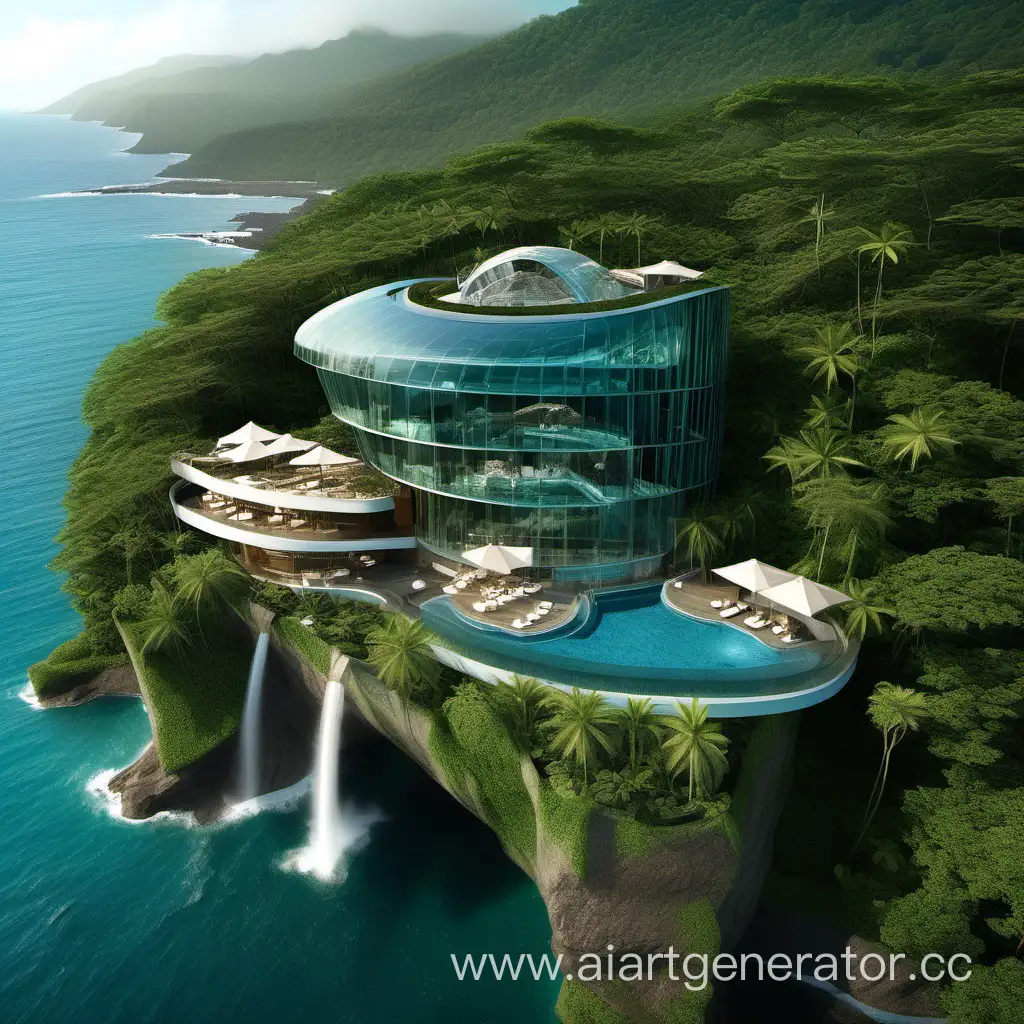 Luxurious-Glass-Hotel-Surrounded-by-Ocean-Forest-Parrots-and-Waterfall