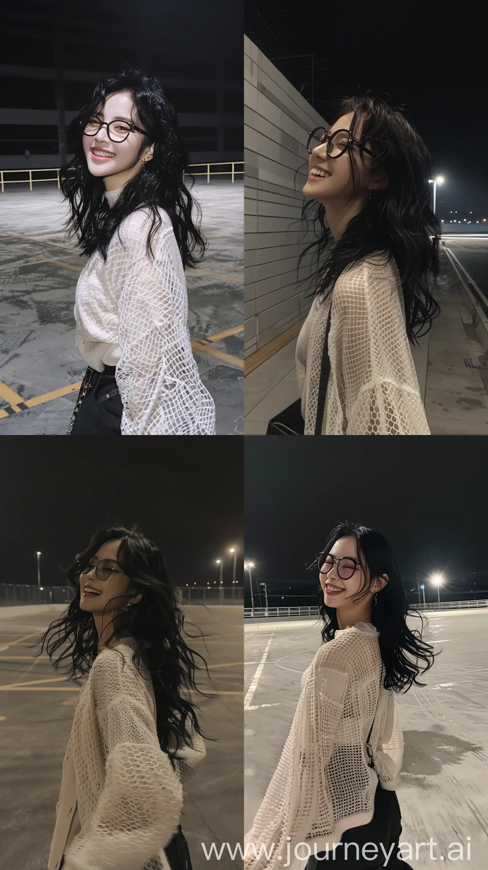 Nighttime-Aesthetic-Selfie-Jennie-from-Blackpink-with-Wavy-Black-Wolfcut-Hair-and-Chic-White-Net-Cardigan