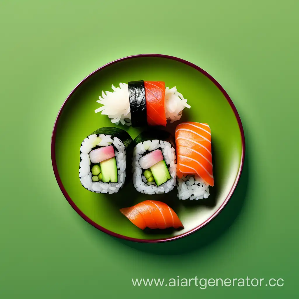 one plate of vegetable-only sushi in vector style over a green background