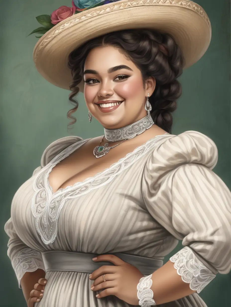 Plus size, beautiful, mexican woman, smiling, and dressed in edwardian clothing , looking lovingly at a black woman