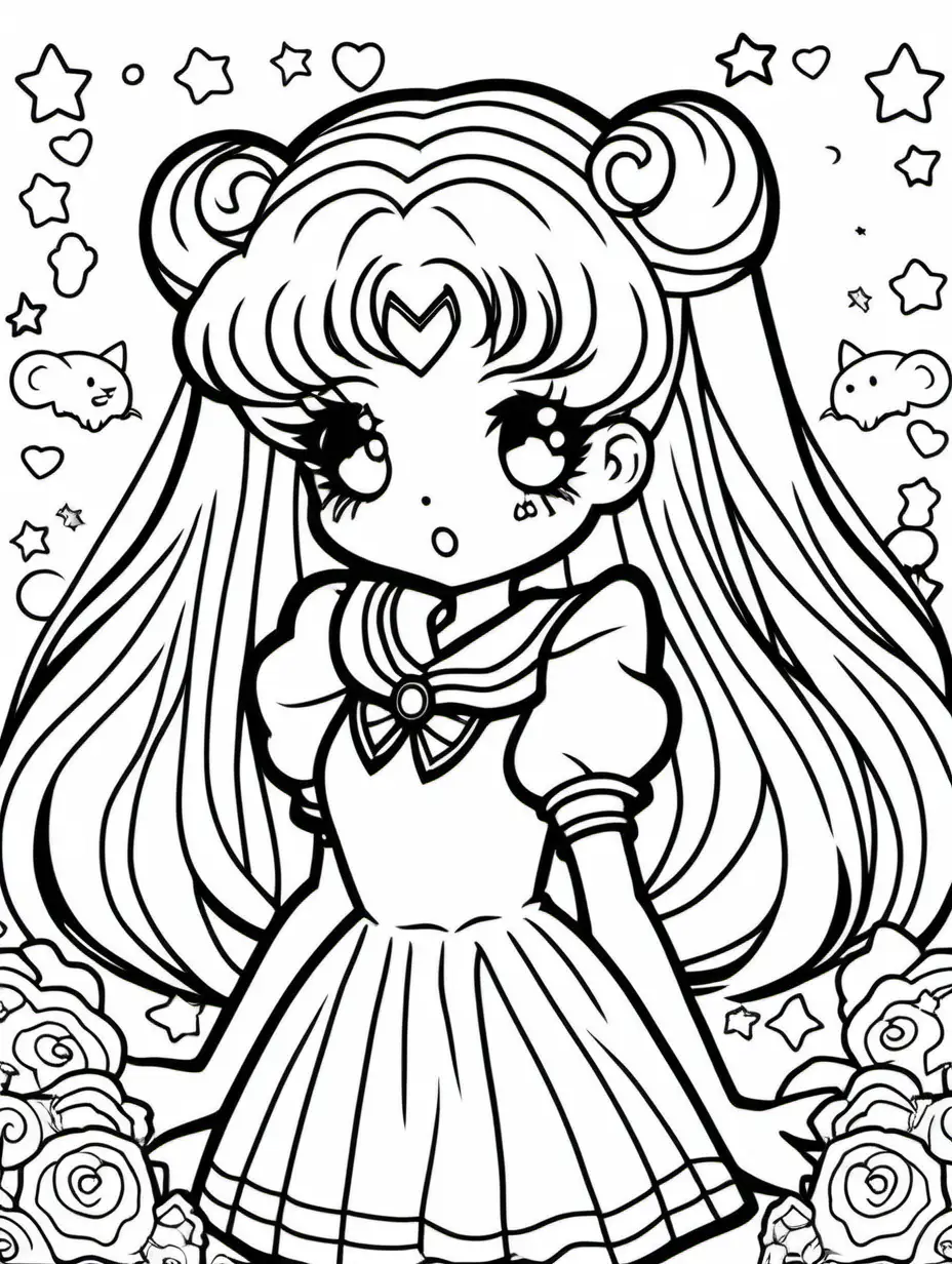 coloring book, cartoon drawing, clean black and white, white background, sanrio inspired, sailor moon, pastel goth, super kawaii