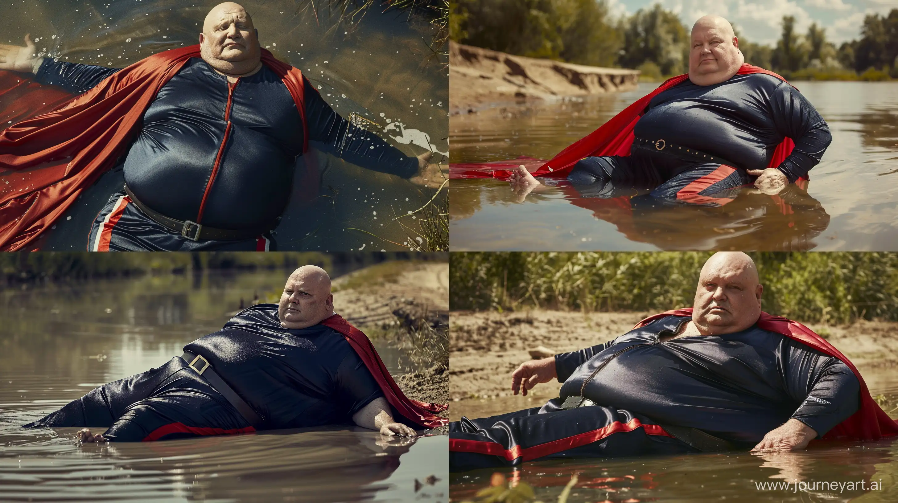 Front view close-up photo of a fat man aged 70 wearing a silk navy royal wet tracksuit with red stripe on the leg. Long heavy red cape. Black tactical belt. Laying in water. Outside. Summer. Bald. Clean Shaven. --style raw --ar 16:9